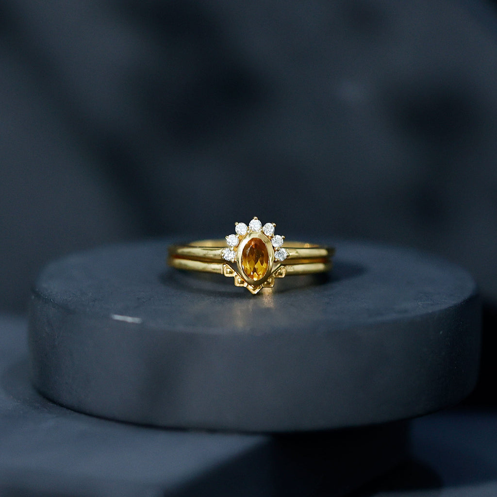 Citrine Promise Ring – Oval Yellow Gold Engagement Ring Set with Diamond Halo