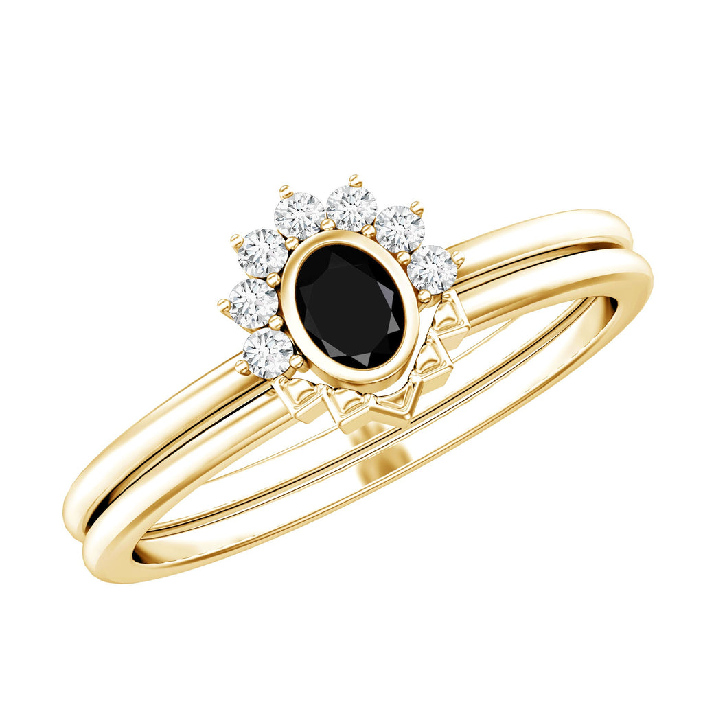 Genuine Black Onyx and Diamond Promise Ring Set in Yellow Gold Plated Silver