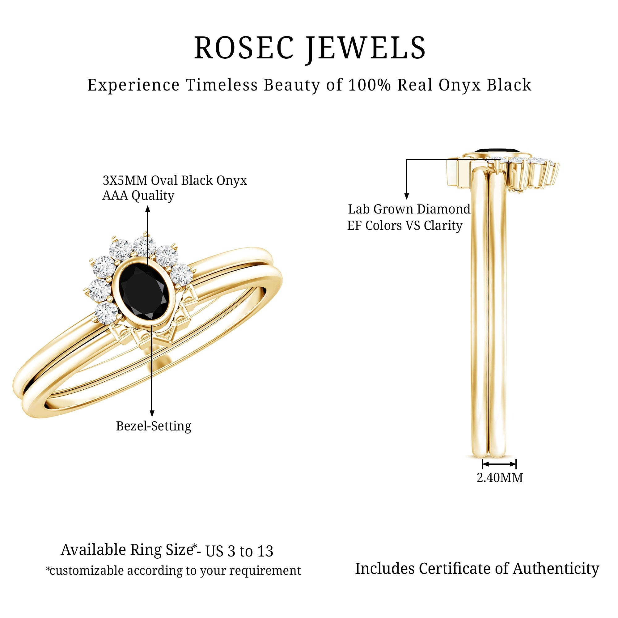 Genuine Black Onyx and Diamond Promise Ring Set in Yellow Gold Plated Silver