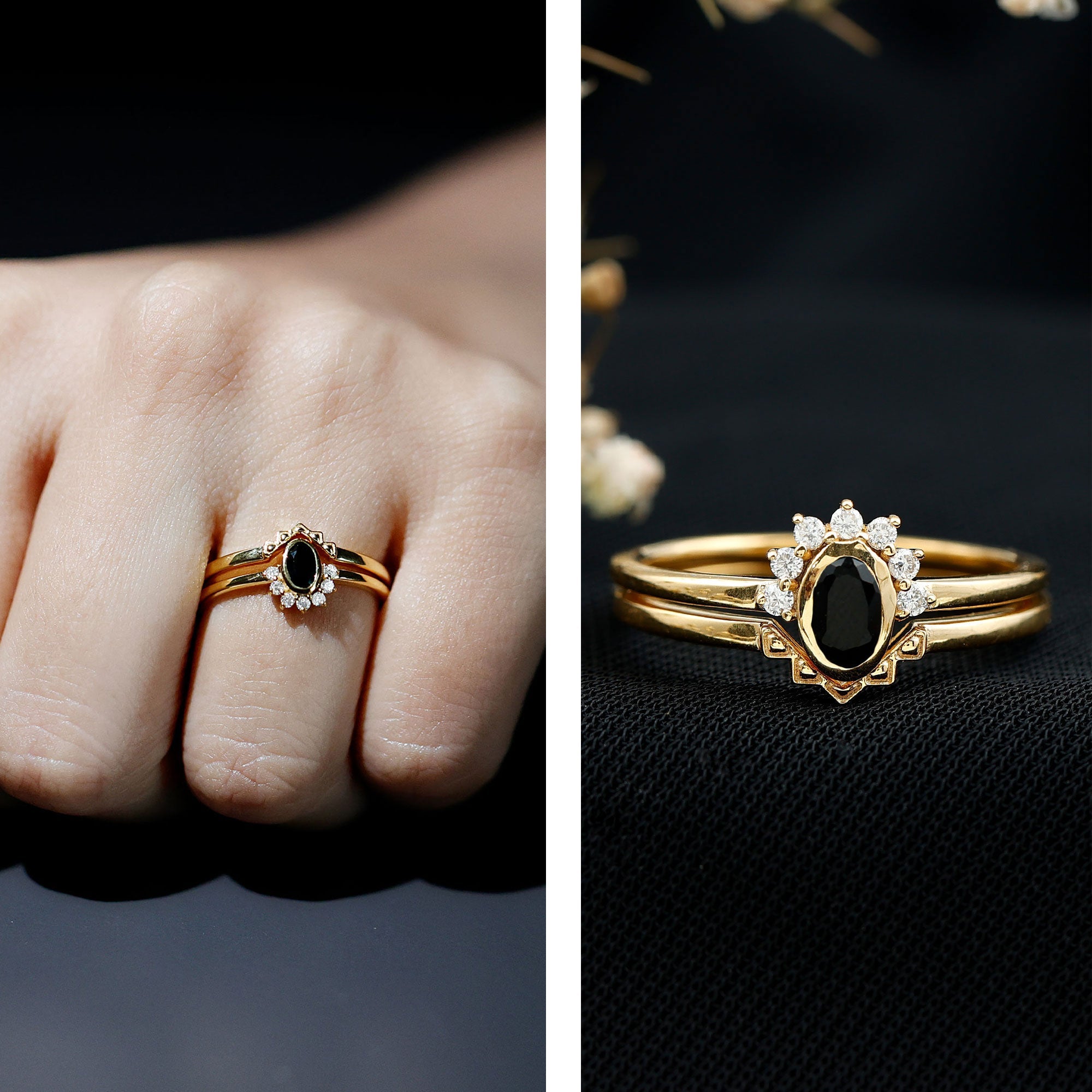 Genuine Black Onyx and Diamond Promise Ring Set in Yellow Gold Plated Silver