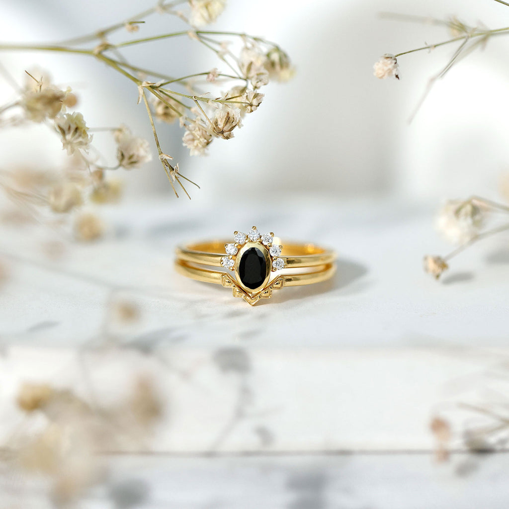 Genuine Black Onyx and Diamond Promise Ring Set in Yellow Gold Plated Silver