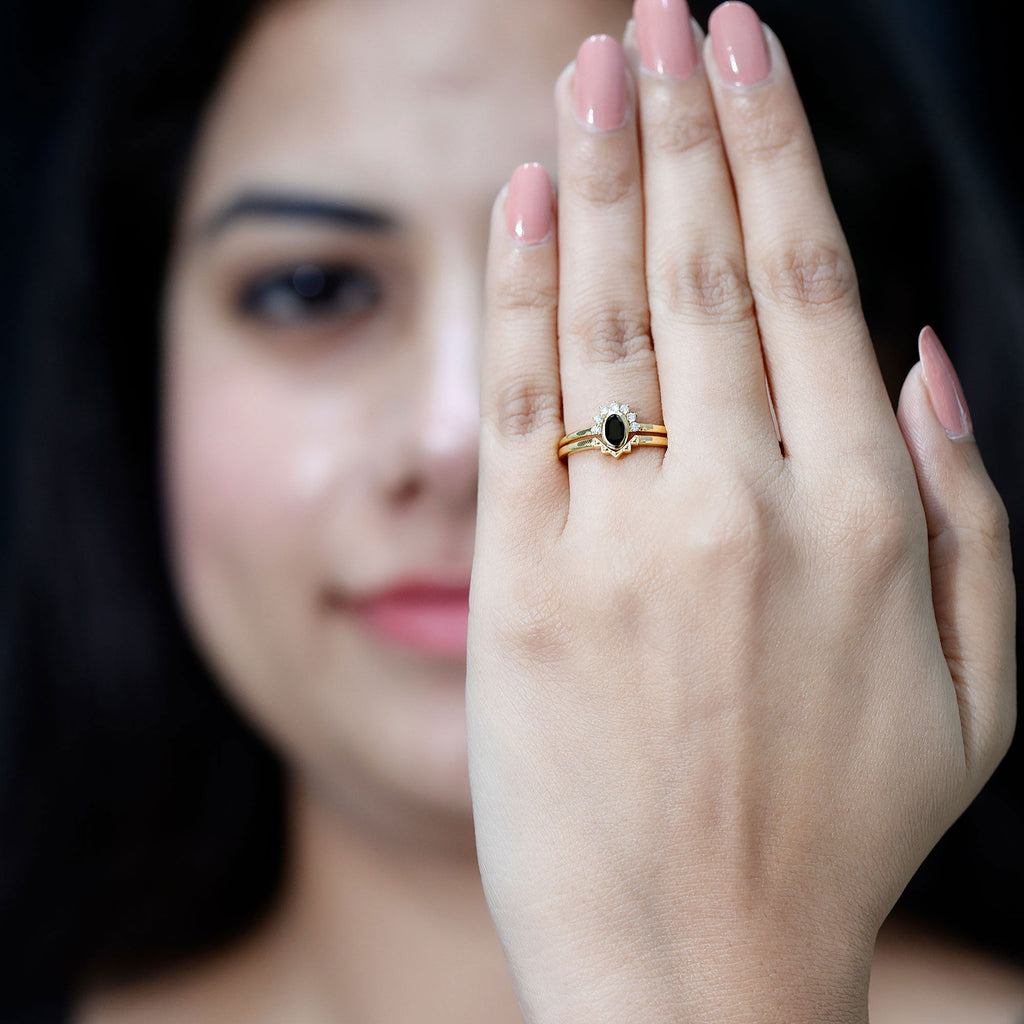 Genuine Black Onyx and Diamond Promise Ring Set in Yellow Gold Plated Silver