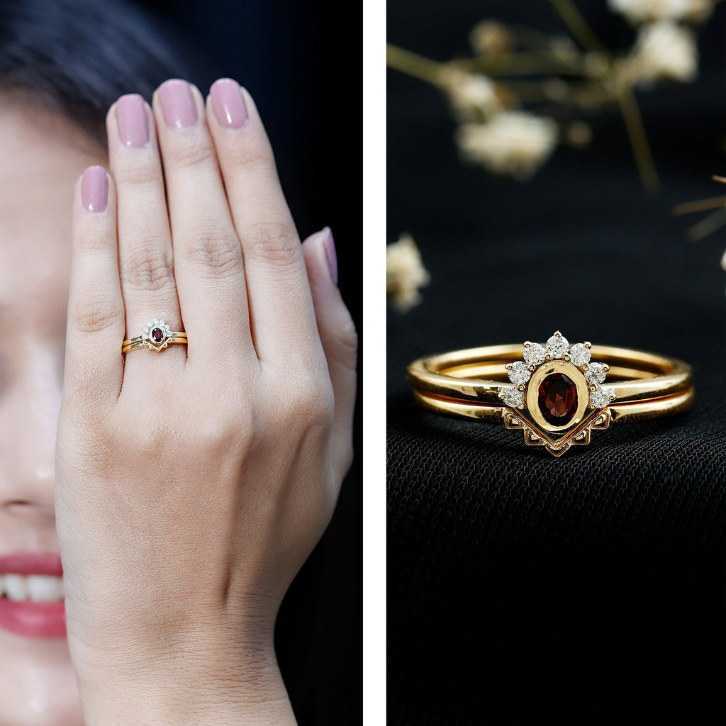 Garnet Engagement Ring | Gold Plated Silver Oval Garnet Ring with Diamond Enhancer