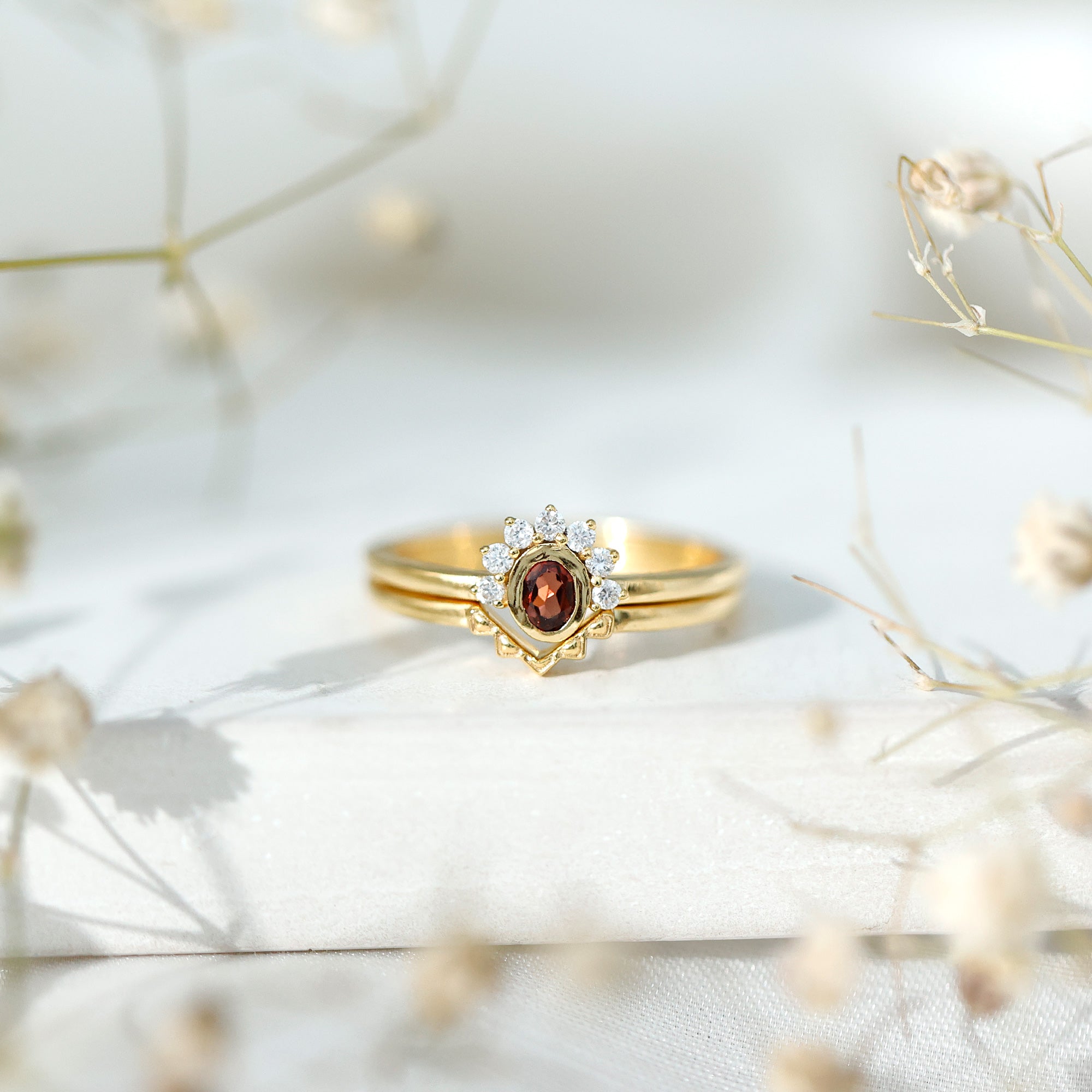 Garnet Engagement Ring | Gold Plated Silver Oval Garnet Ring with Diamond Enhancer