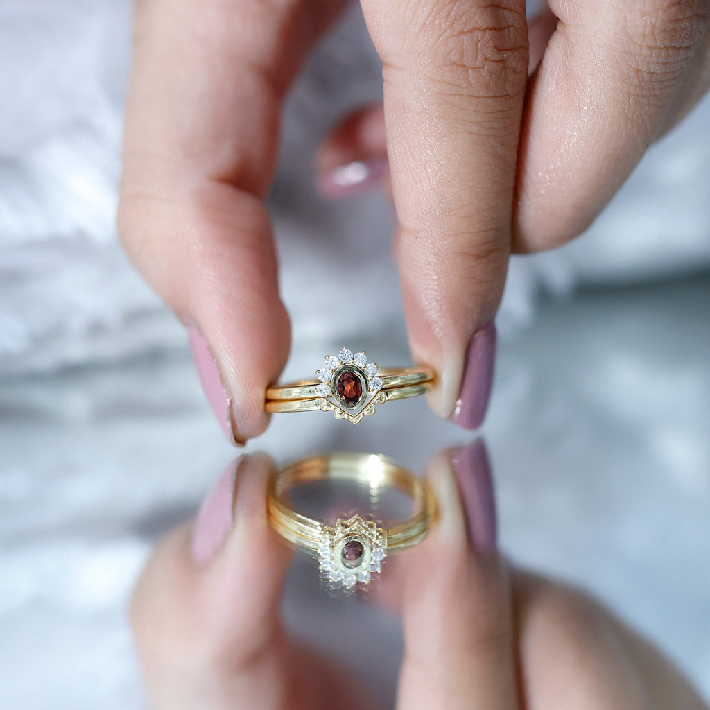 Garnet Engagement Ring | Gold Plated Silver Oval Garnet Ring with Diamond Enhancer