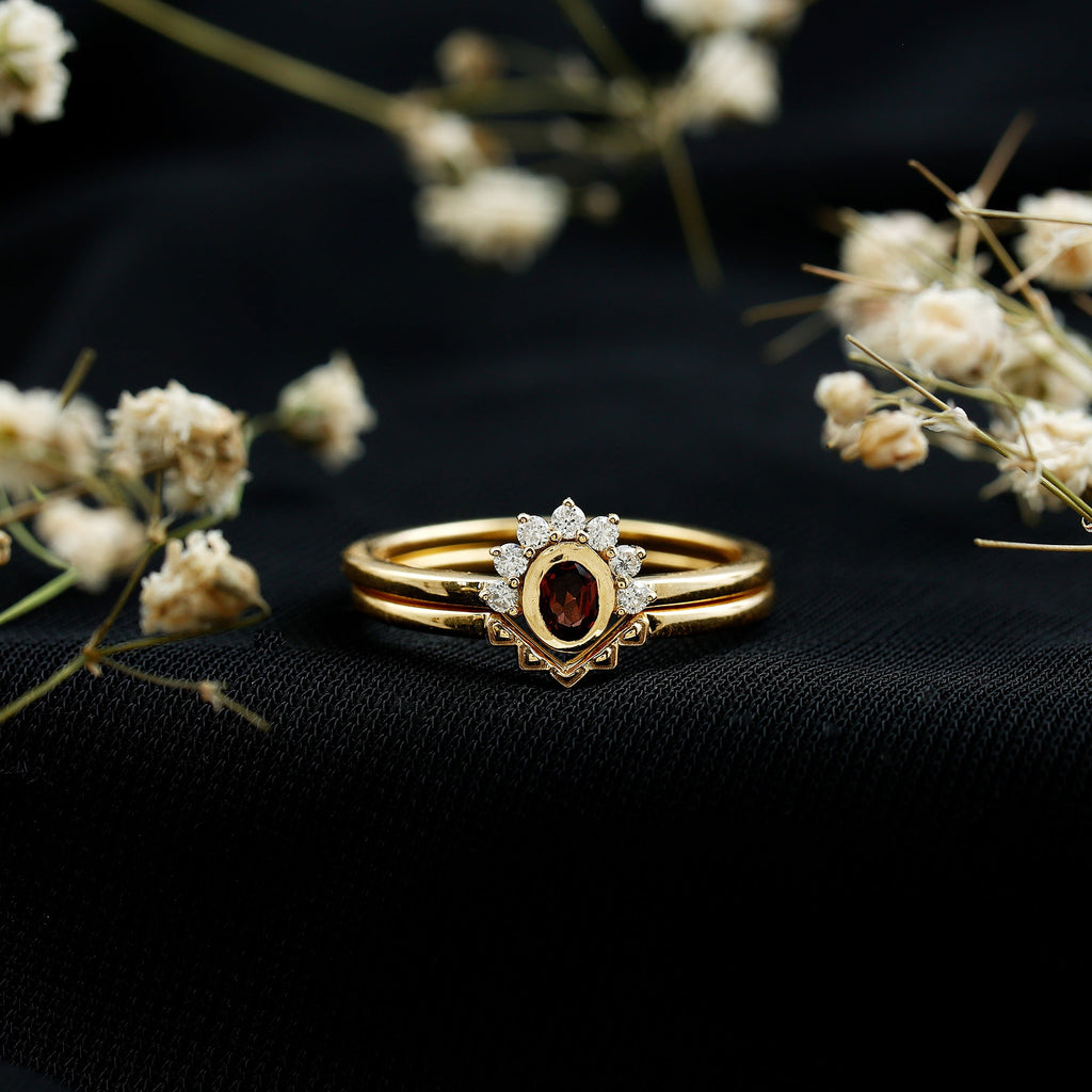 Garnet Engagement Ring | Gold Plated Silver Oval Garnet Ring with Diamond Enhancer