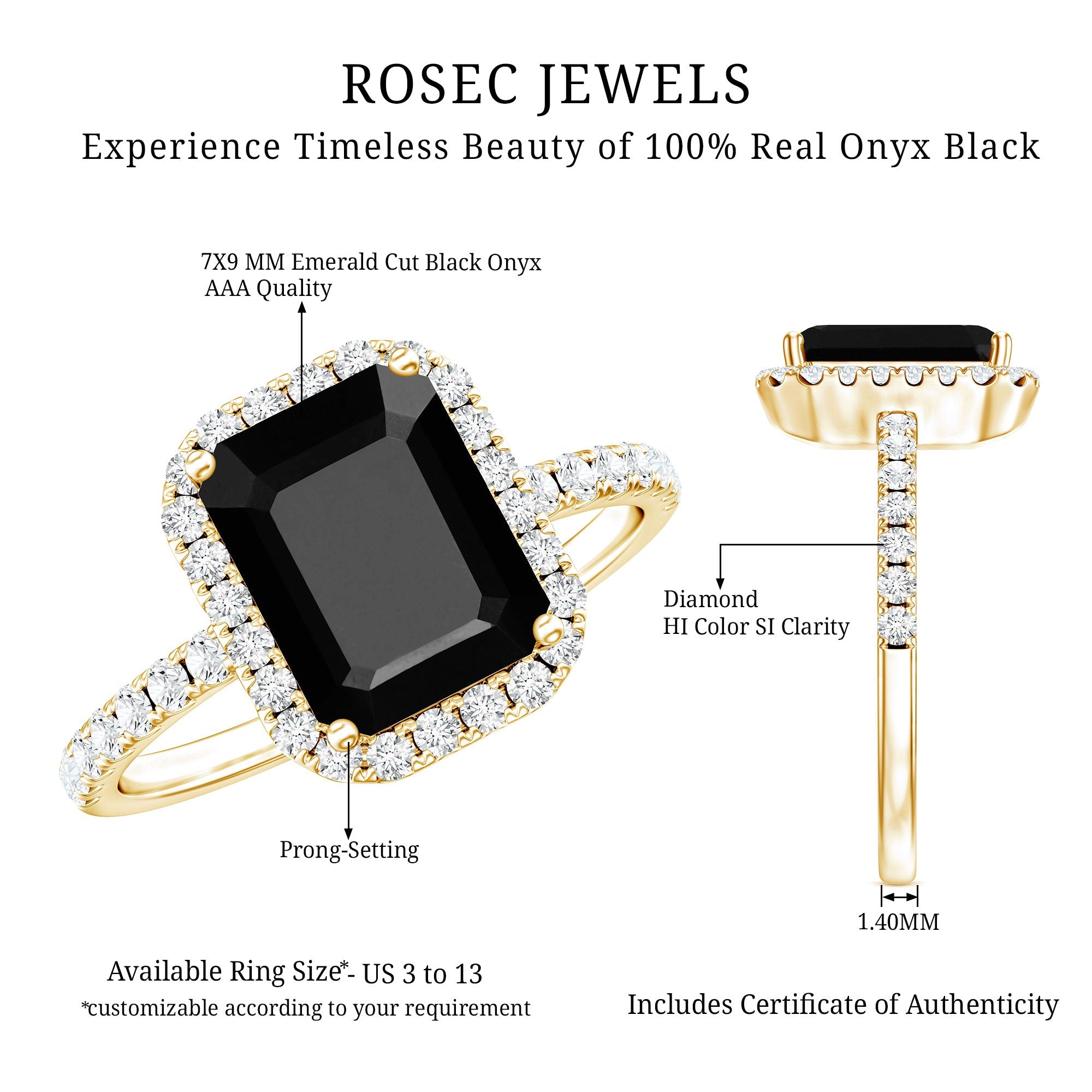 Emerald Cut 1.8 Carat Black Onyx and Diamond Engagement Ring