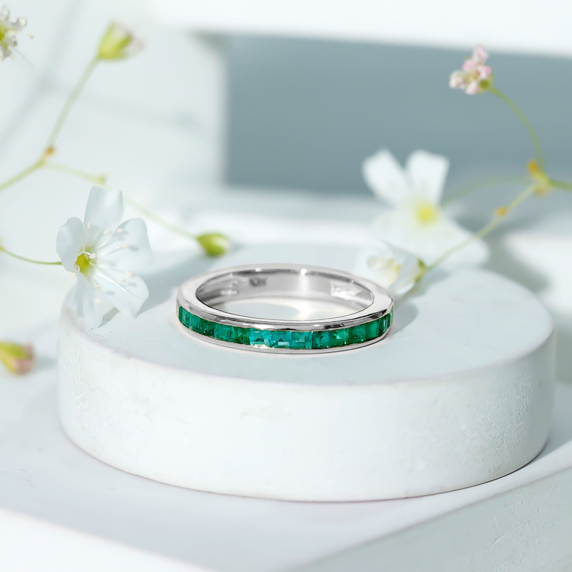 Emerald Eternity Ring – Half Eternity Band with Princess Cut Natural Emeralds