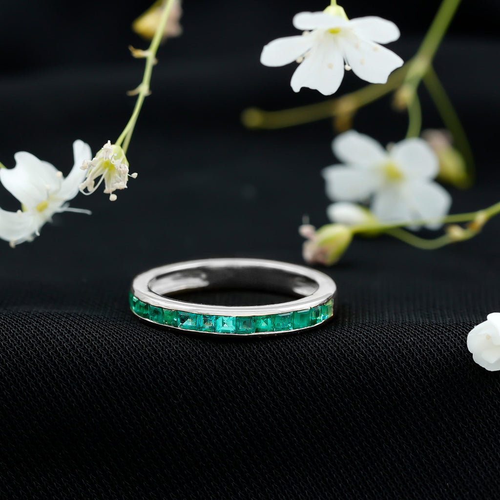 Emerald Eternity Ring – Half Eternity Band with Princess Cut Natural Emeralds