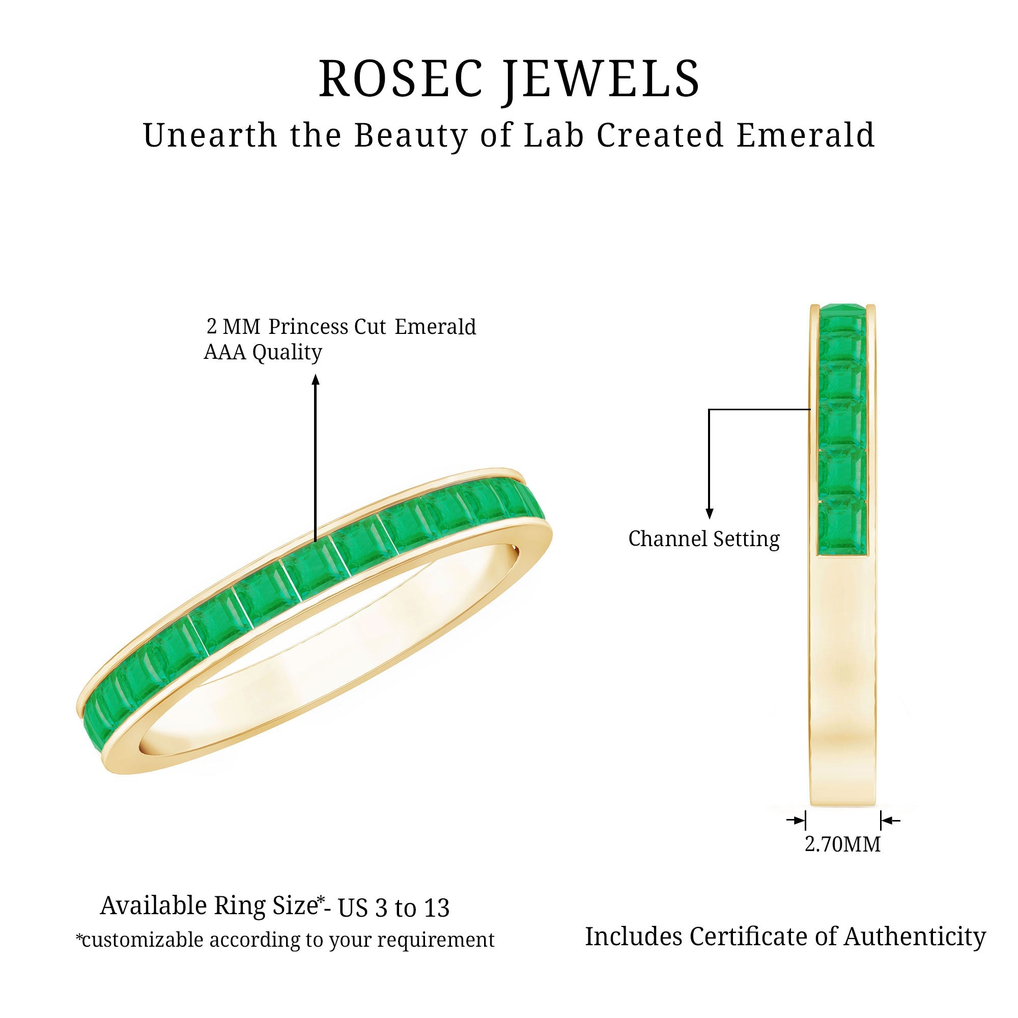 Emerald Eternity Ring – Half Eternity Band with Princess Cut Natural Emeralds