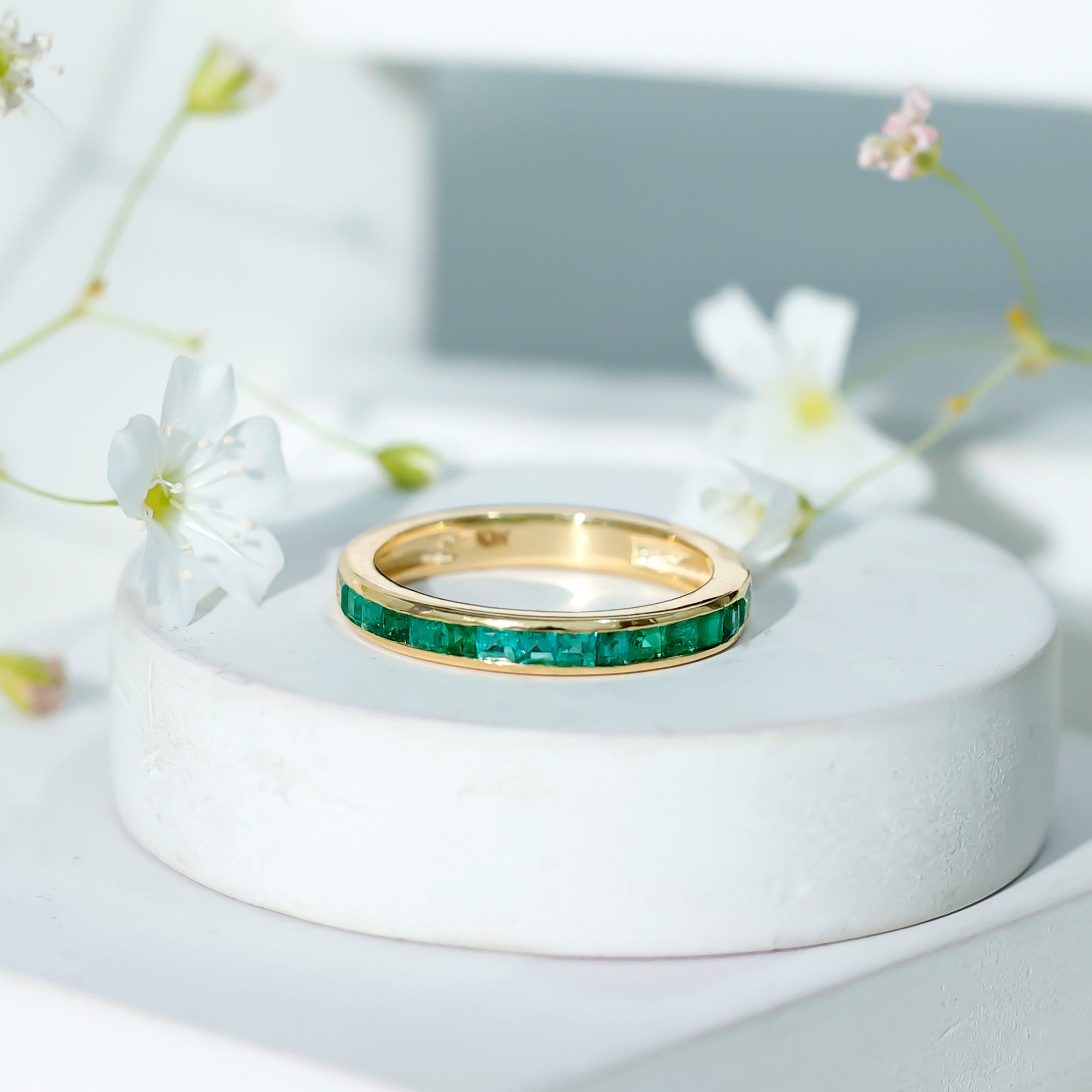 Emerald Eternity Ring – Half Eternity Band with Princess Cut Natural Emeralds
