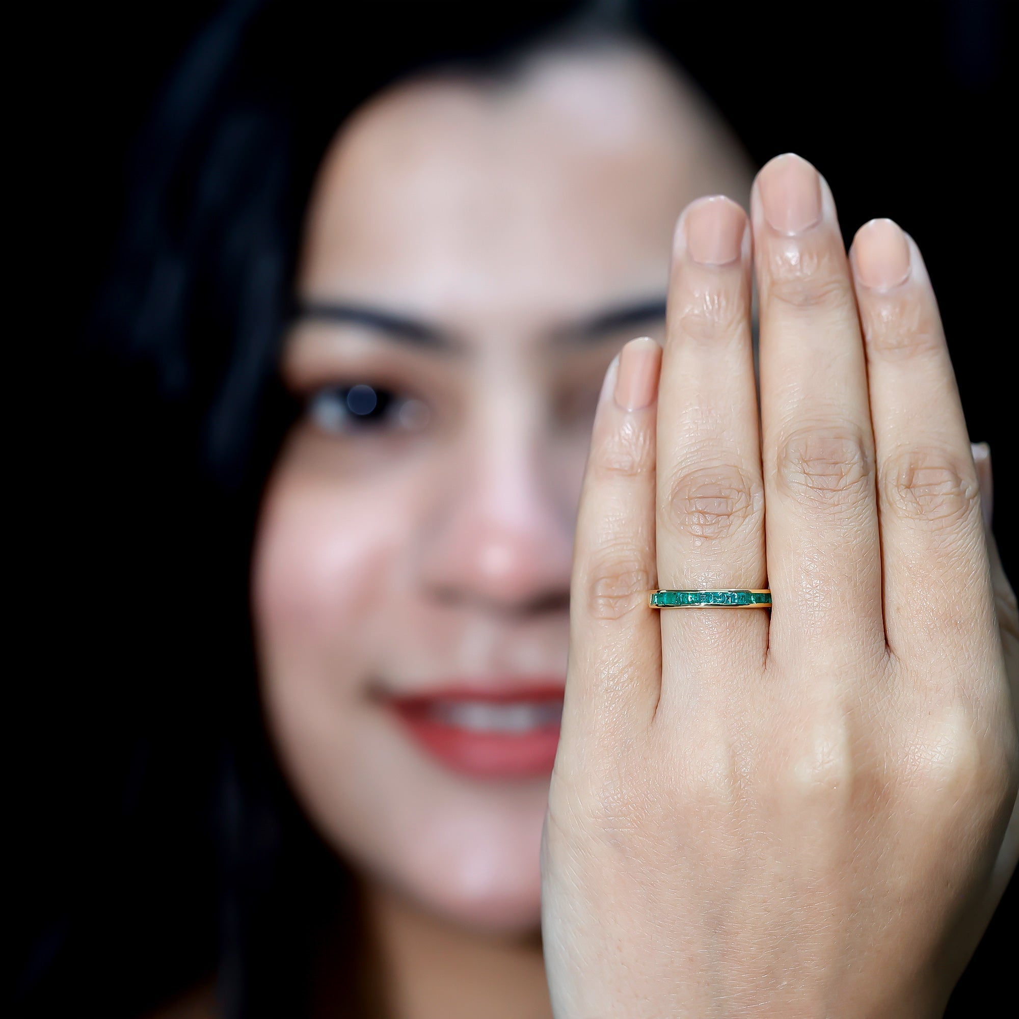 Emerald Eternity Ring – Half Eternity Band with Princess Cut Natural Emeralds