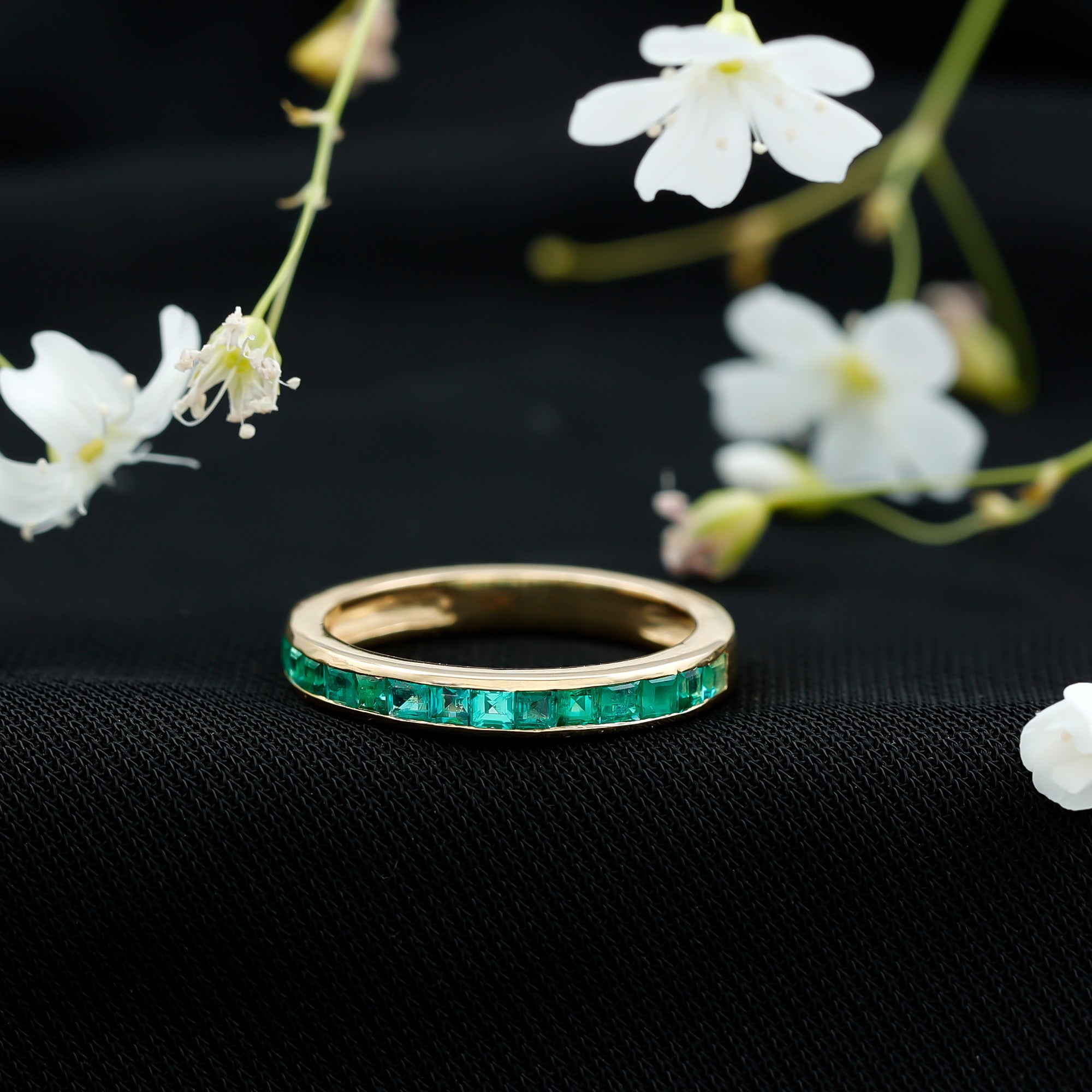 Emerald Eternity Ring – Half Eternity Band with Princess Cut Natural Emeralds