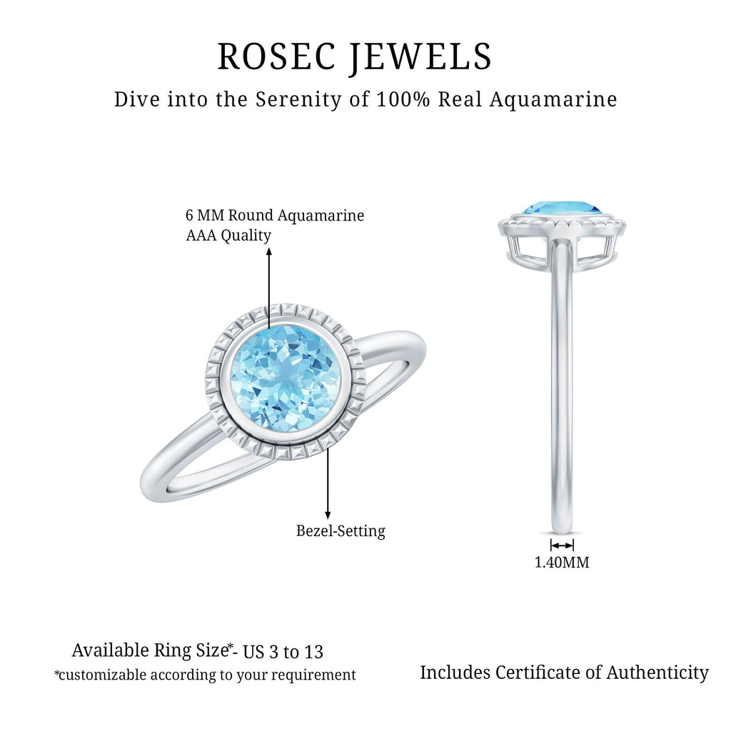 Aquamarine Promise Ring - 0.8 Carat Bezel Set Solitaire Blue Gemstone Jewelry