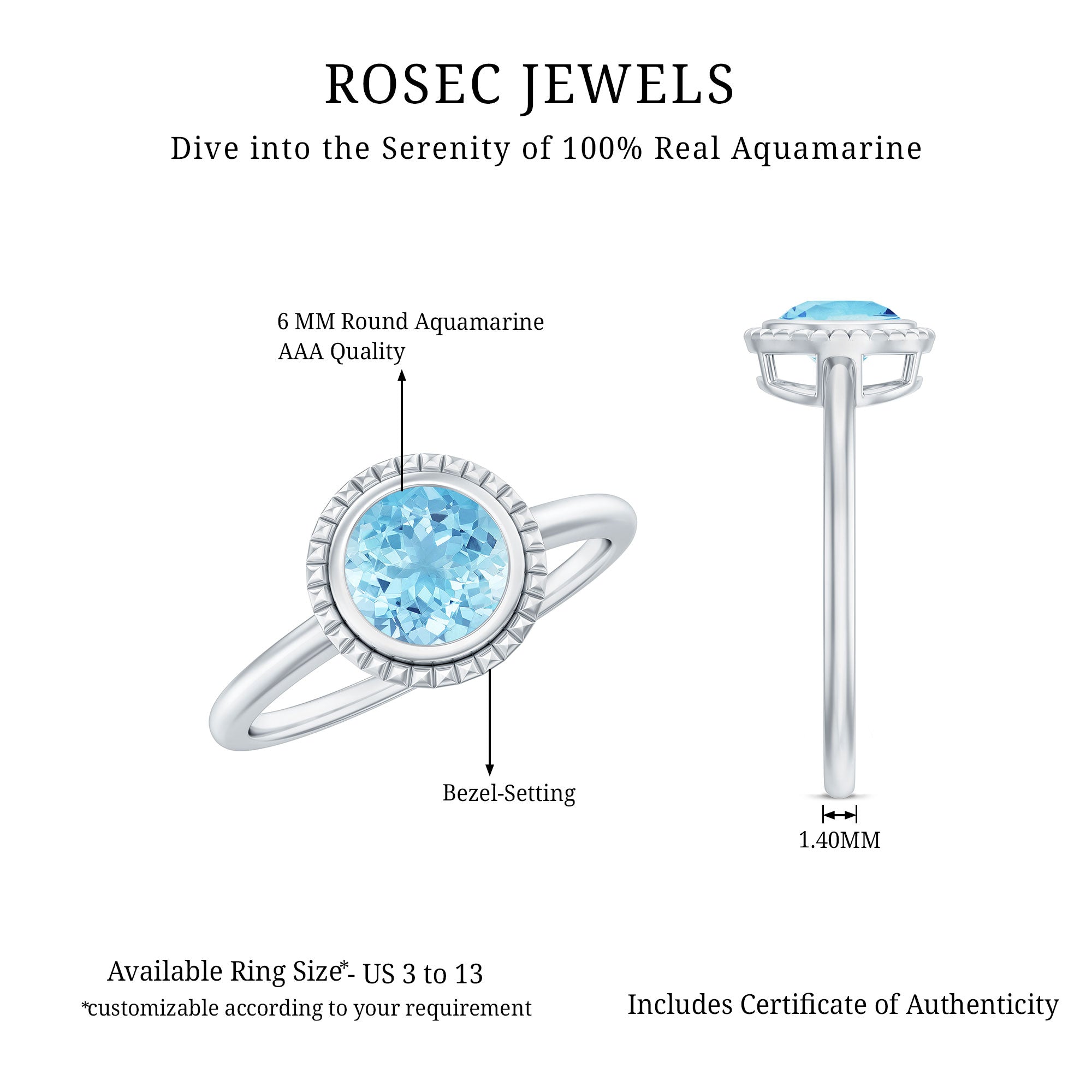 Aquamarine Promise Ring - 0.8 Carat Bezel Set Solitaire Blue Gemstone Jewelry