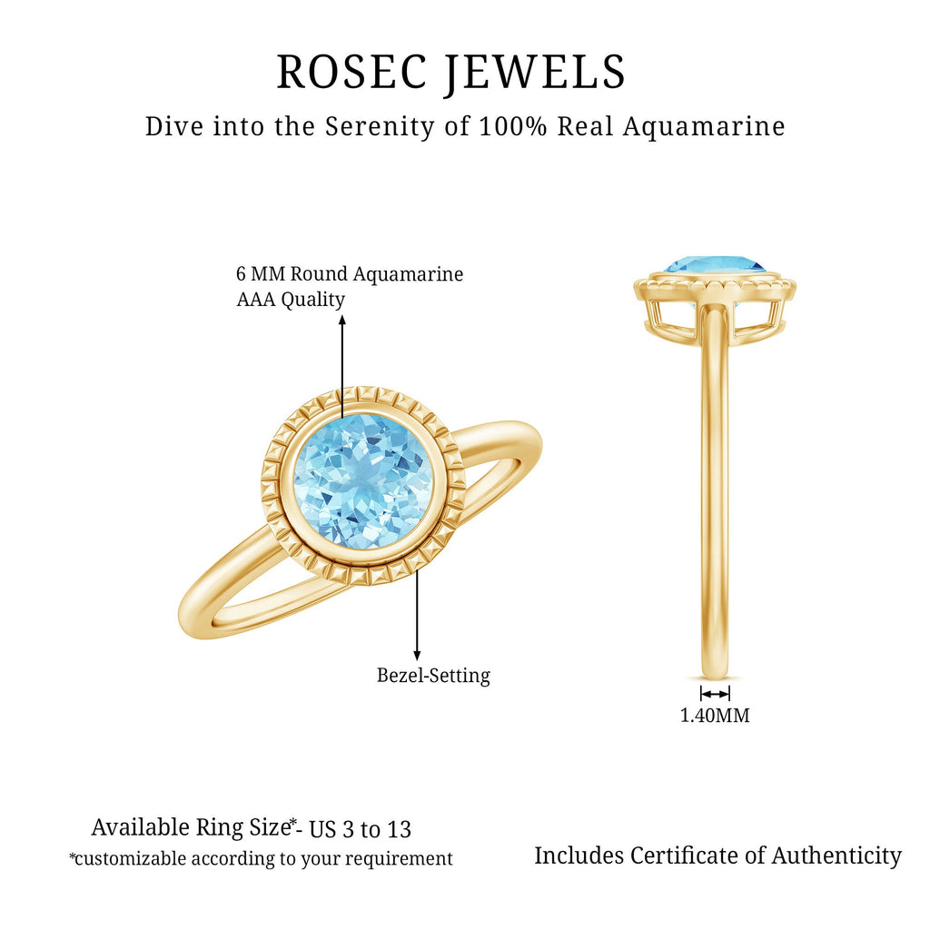 Aquamarine Promise Ring - 0.8 Carat Bezel Set Solitaire Blue Gemstone Jewelry