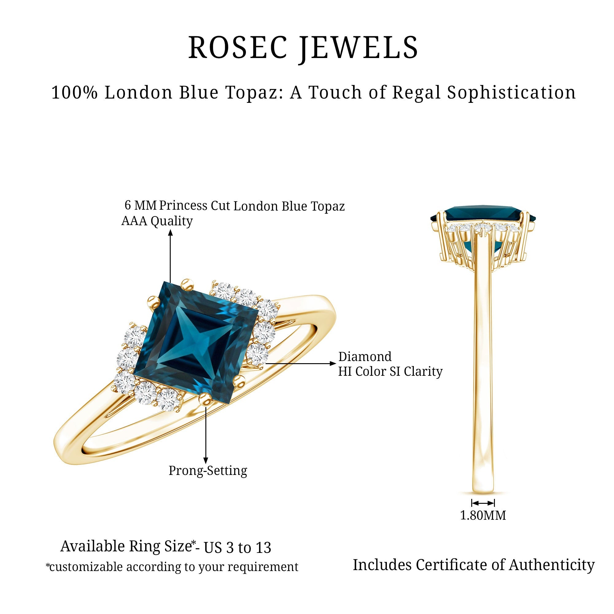 Princess Cut London Blue Topaz Engagement Ring with Diamond