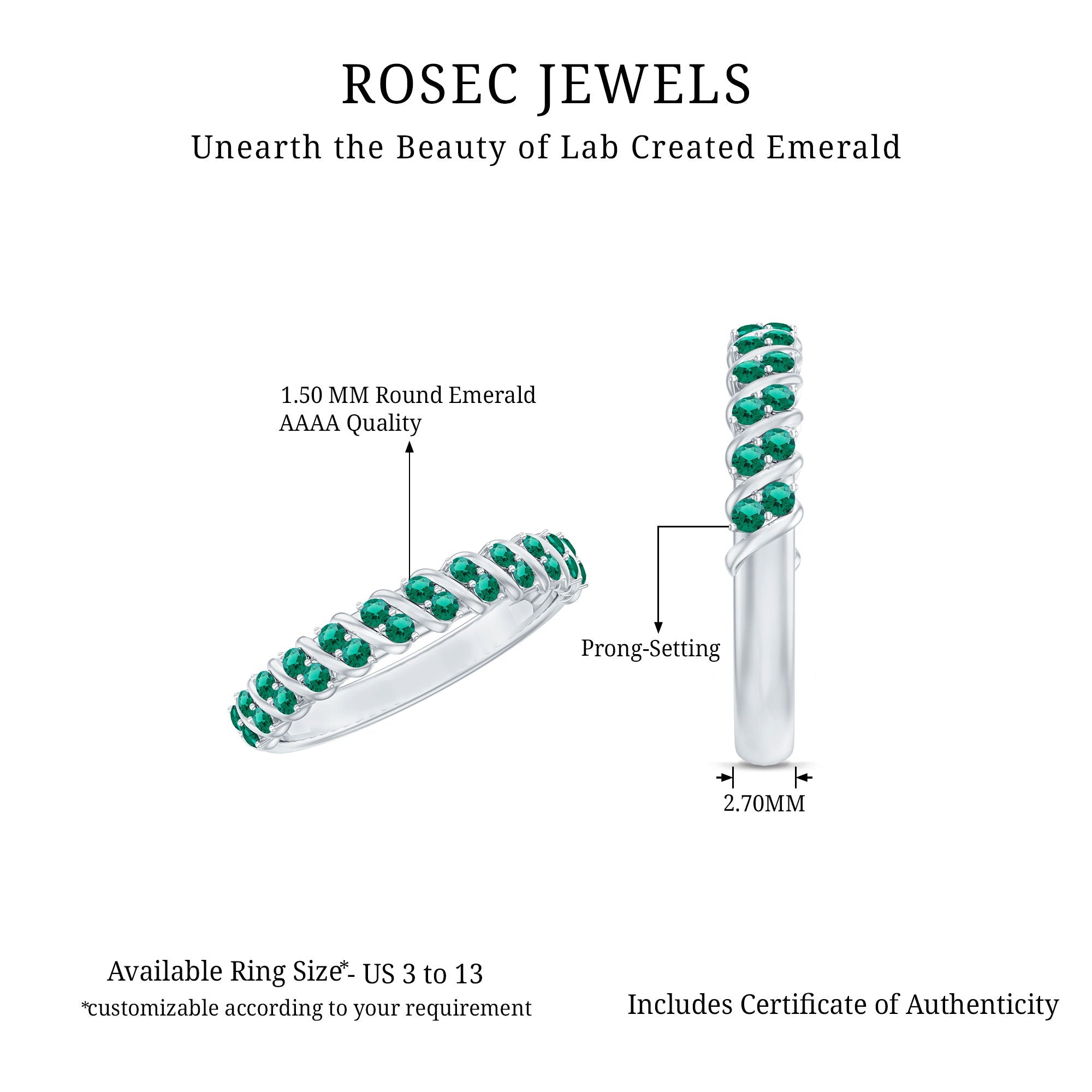 Lab Grown Emerald Ring – Half Eternity Band | Comfortable Prong Setting Jewelry