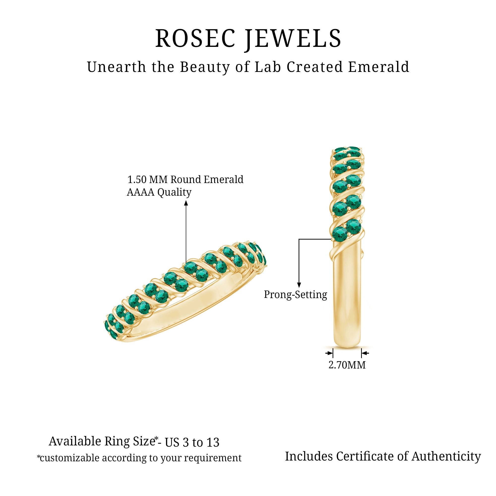 Lab Grown Emerald Ring – Half Eternity Band | Comfortable Prong Setting Jewelry