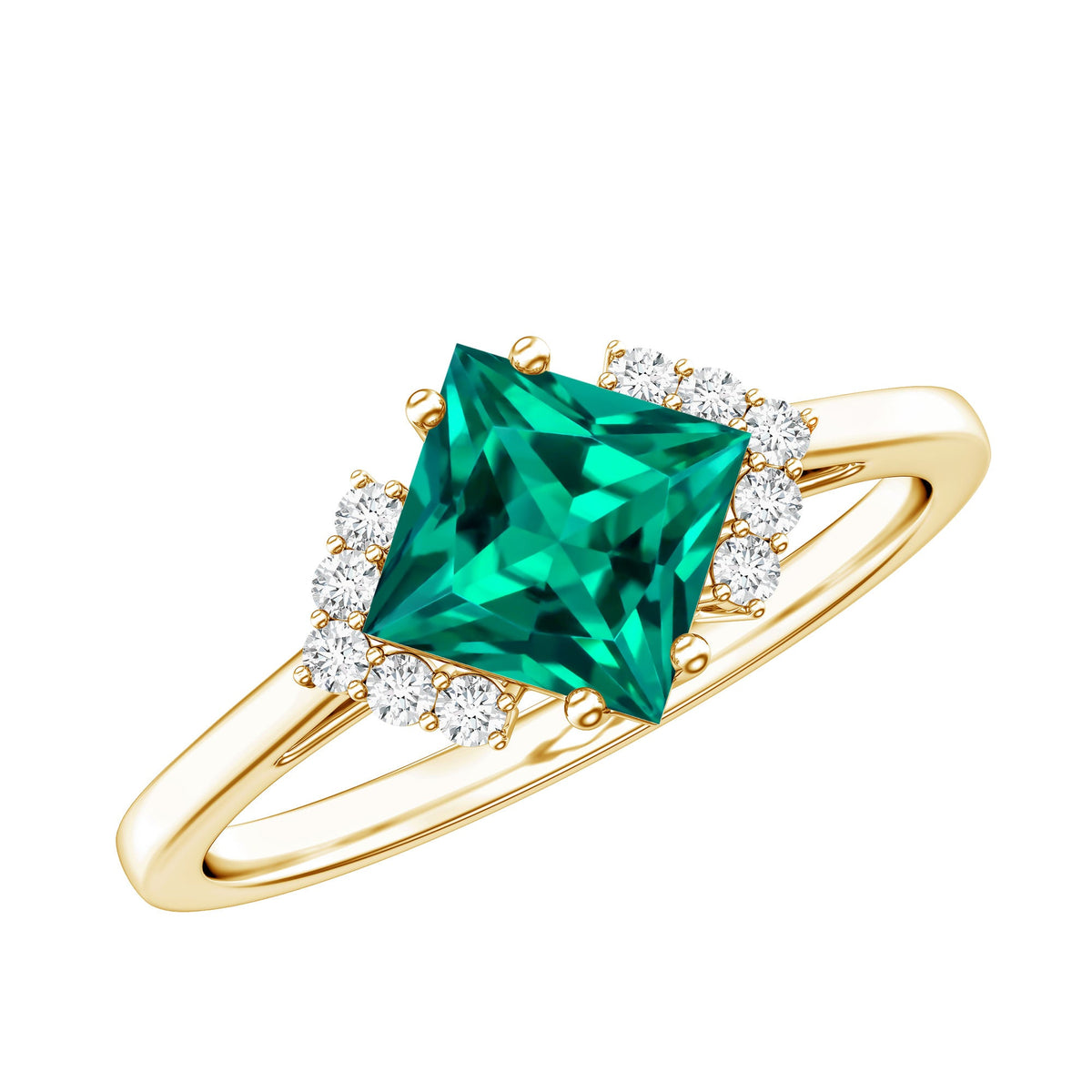 Lab Grown Emerald Ring – Princess Cut Emerald Engagement Ring with Diamond Accents