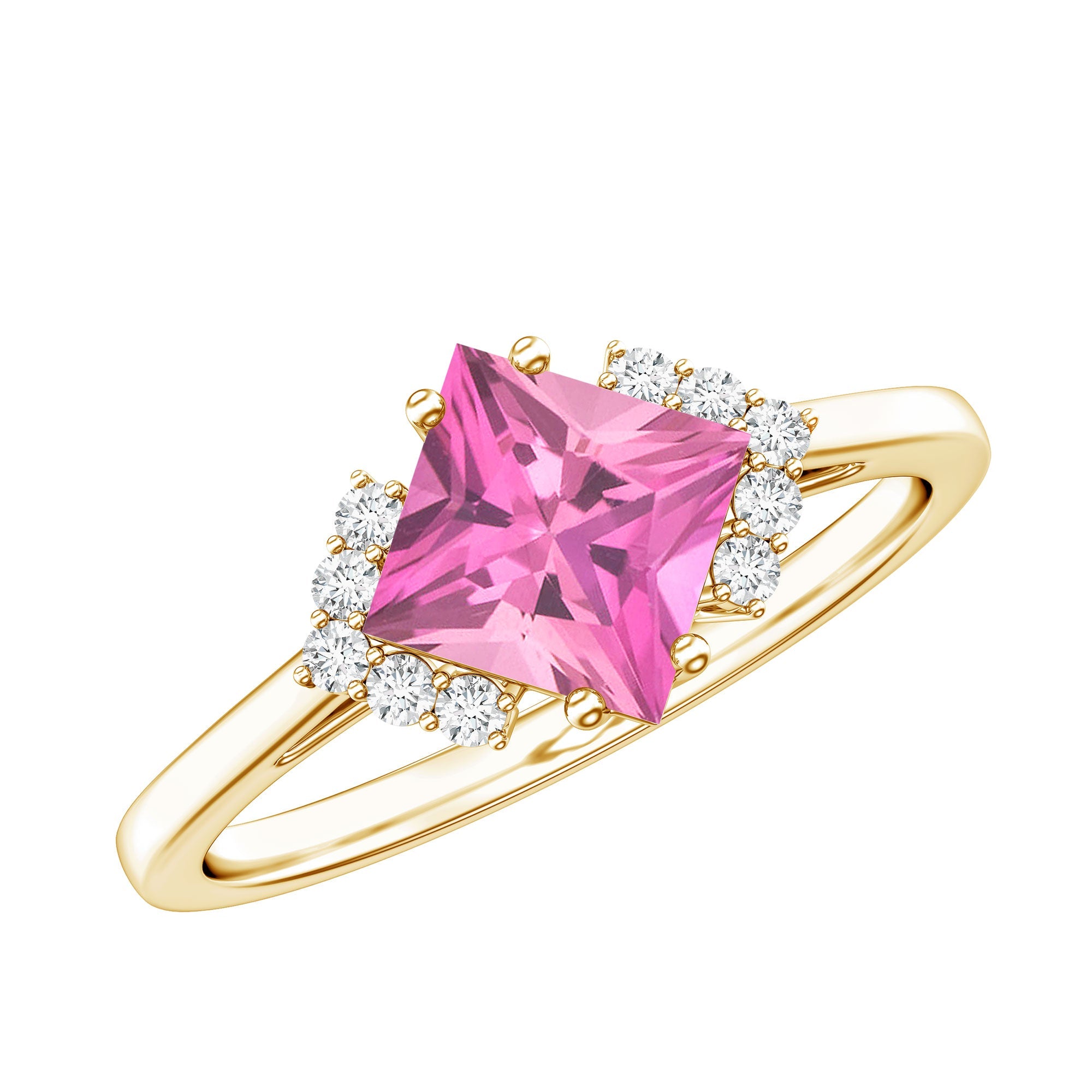 Pink Tourmaline Ring - Princess Cut Diamond Accent Rose Gold Engagement Band