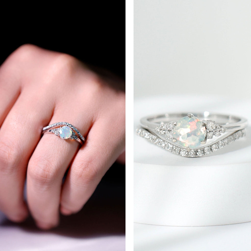 Natural 0.8 Carat Ethiopian Opal Diamond Wedding Bridal Ring Set of 2