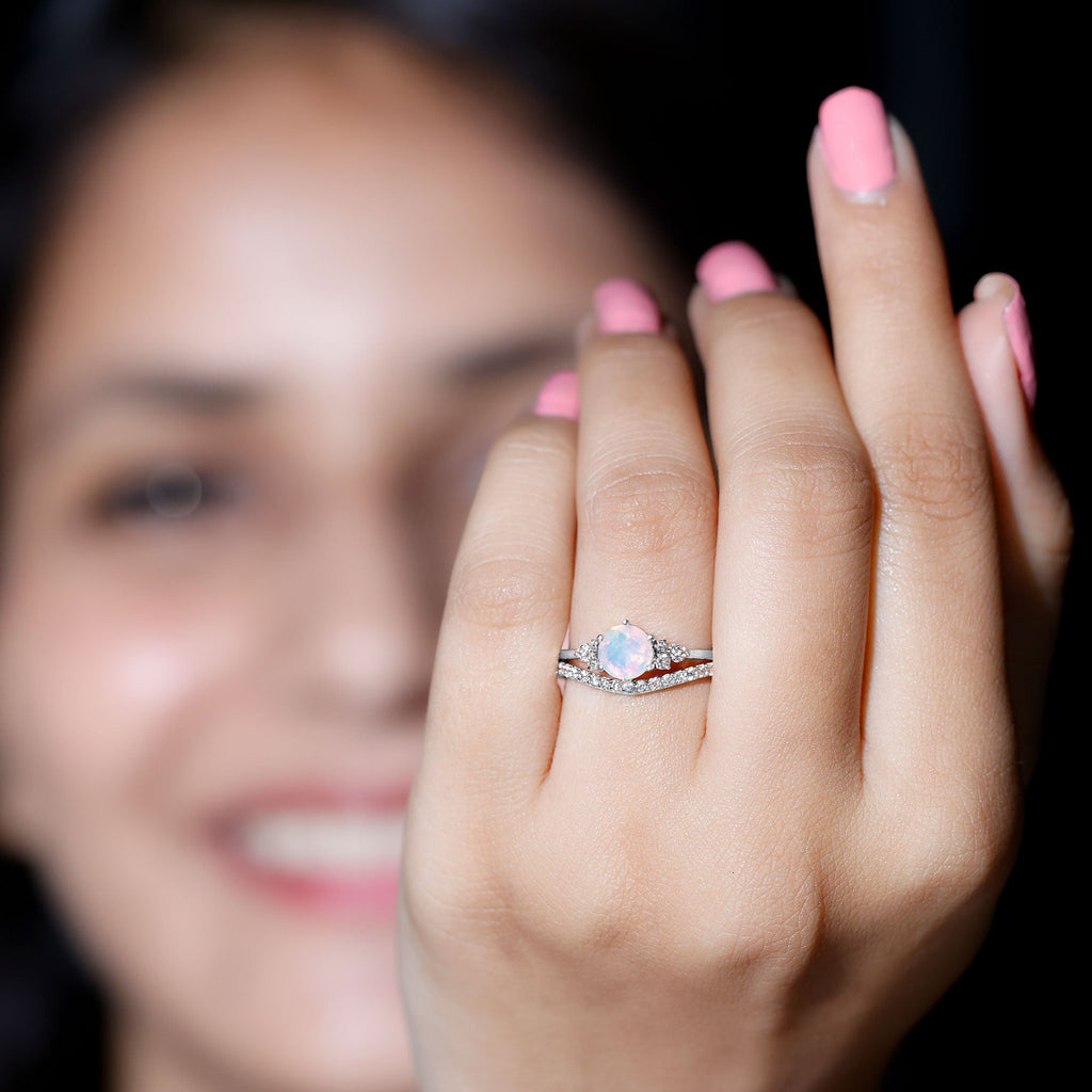Natural 0.8 Carat Ethiopian Opal Diamond Wedding Bridal Ring Set of 2