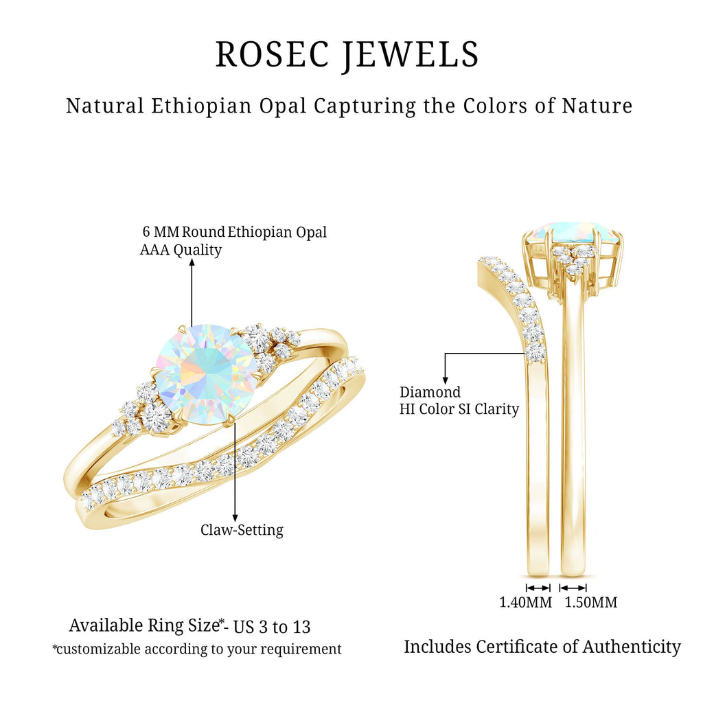 Natural 0.8 Carat Ethiopian Opal Diamond Wedding Bridal Ring Set of 2