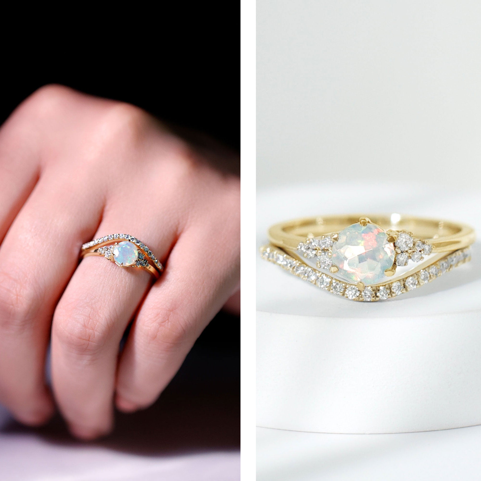 Natural 0.8 Carat Ethiopian Opal Diamond Wedding Bridal Ring Set of 2
