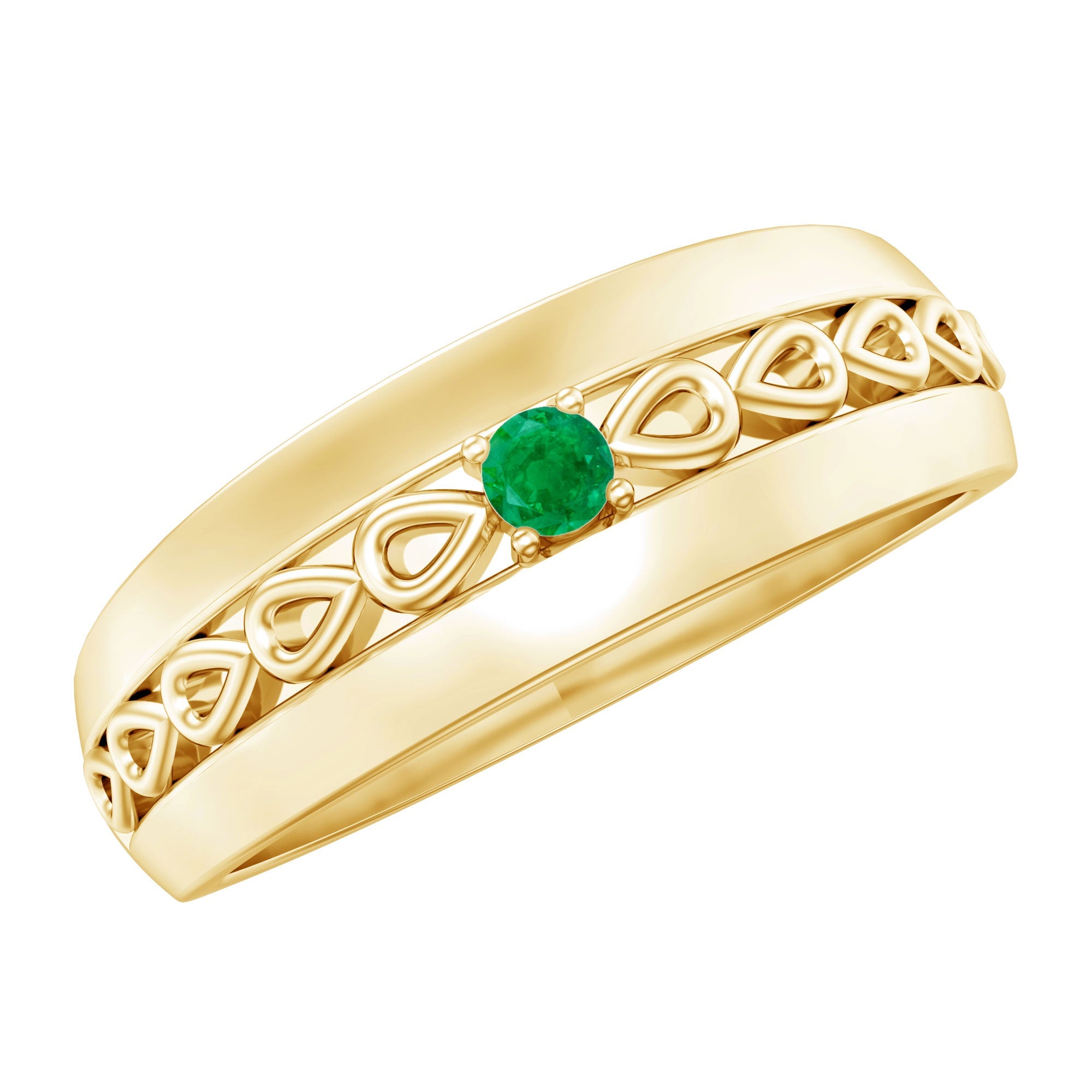 Emerald Vintage Band – Wide Band Ring With Round Emerald Stone & Prong Setting