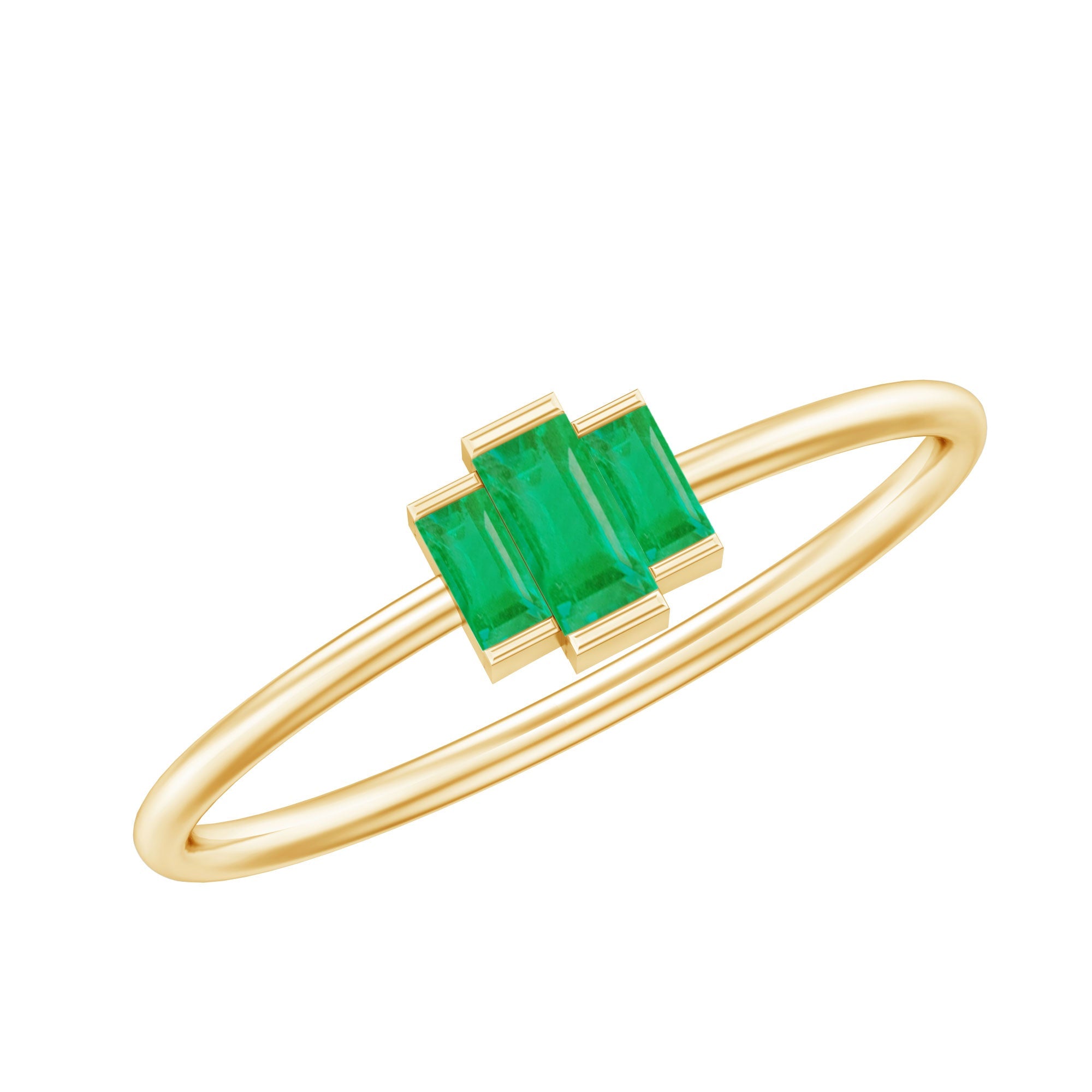 Emerald Three Stone Ring – Natural Baguette Cut Bar Setting, AAA Quality Gemstones