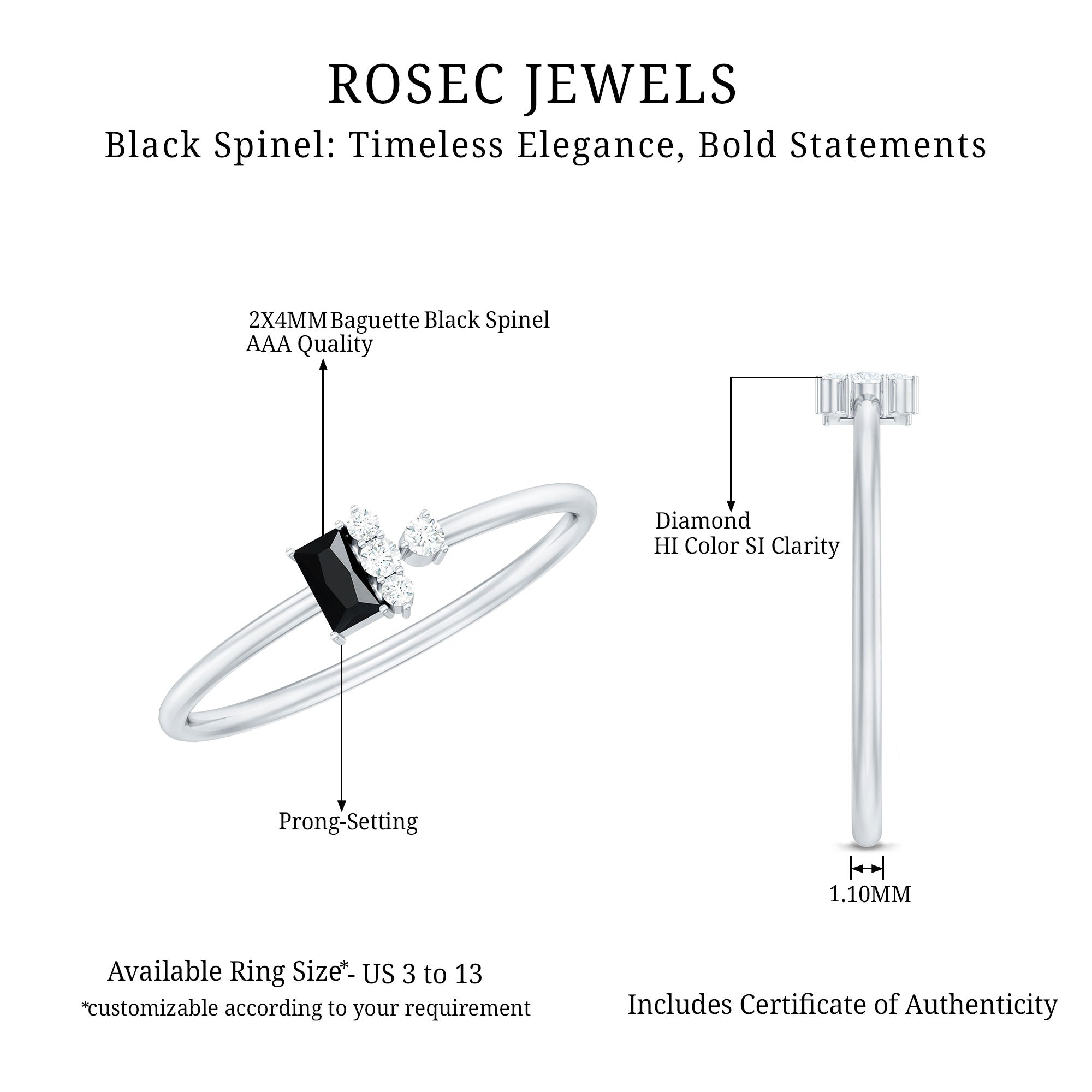 Dainty Black Spinel and Diamond Promise Ring for Her