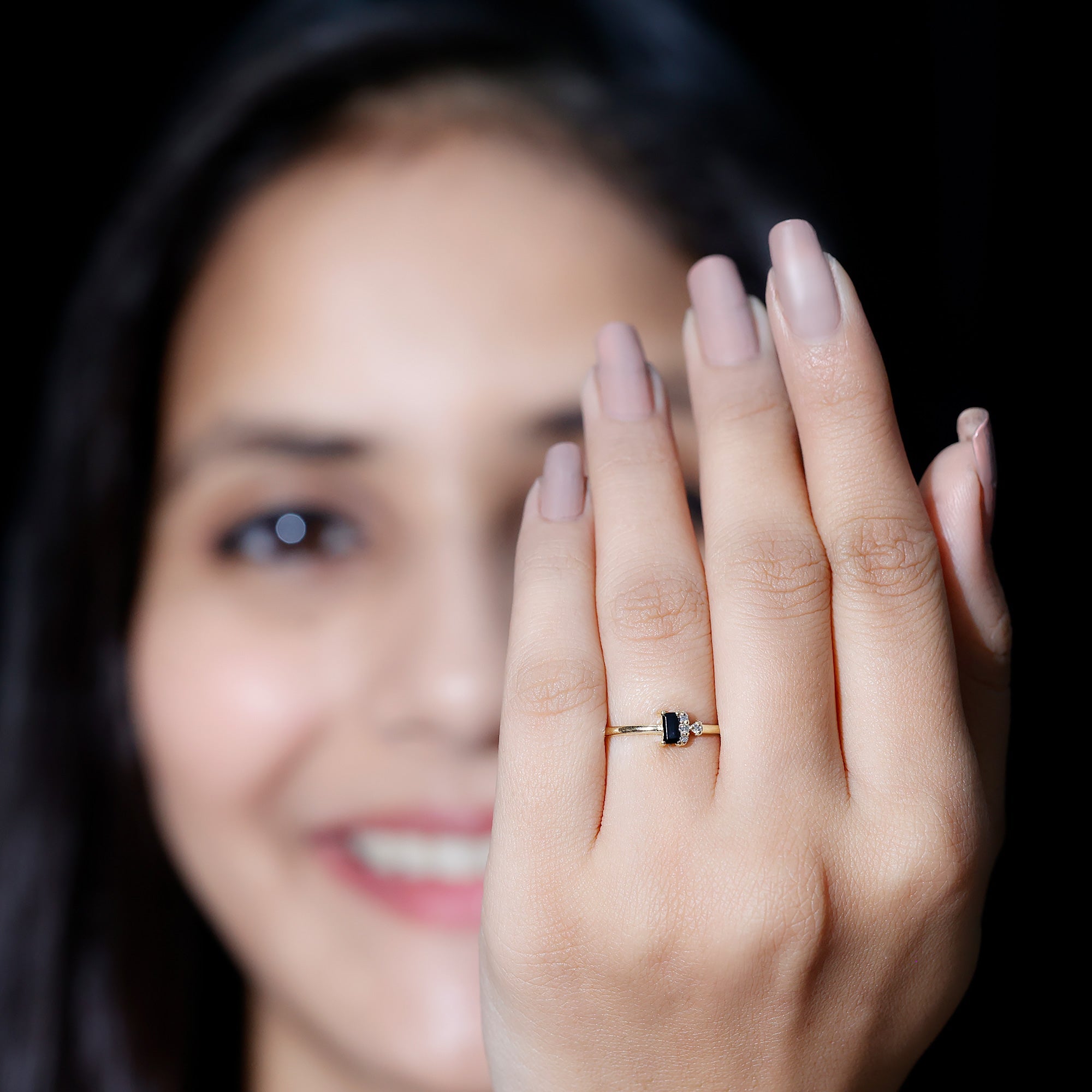 Dainty Black Spinel and Diamond Promise Ring for Her