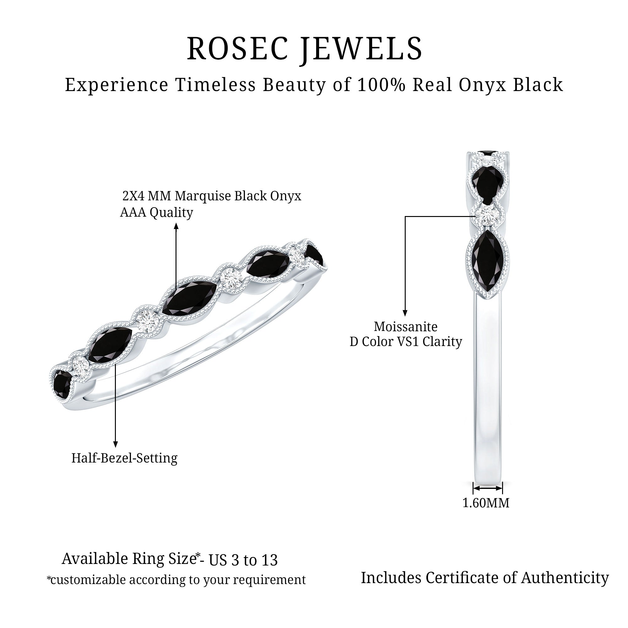 Natural Marquise Cut Black Onyx Half Eternity Band