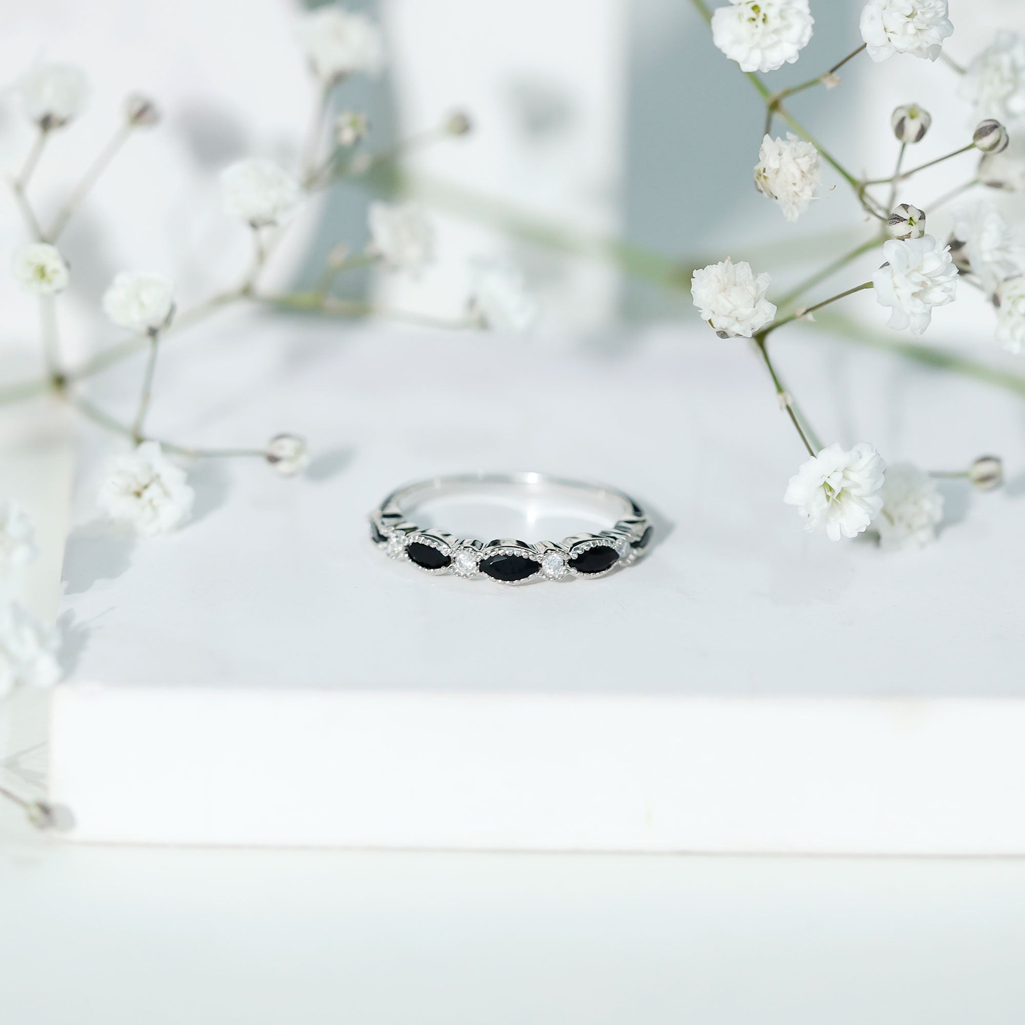 Natural Marquise Cut Black Onyx Half Eternity Band