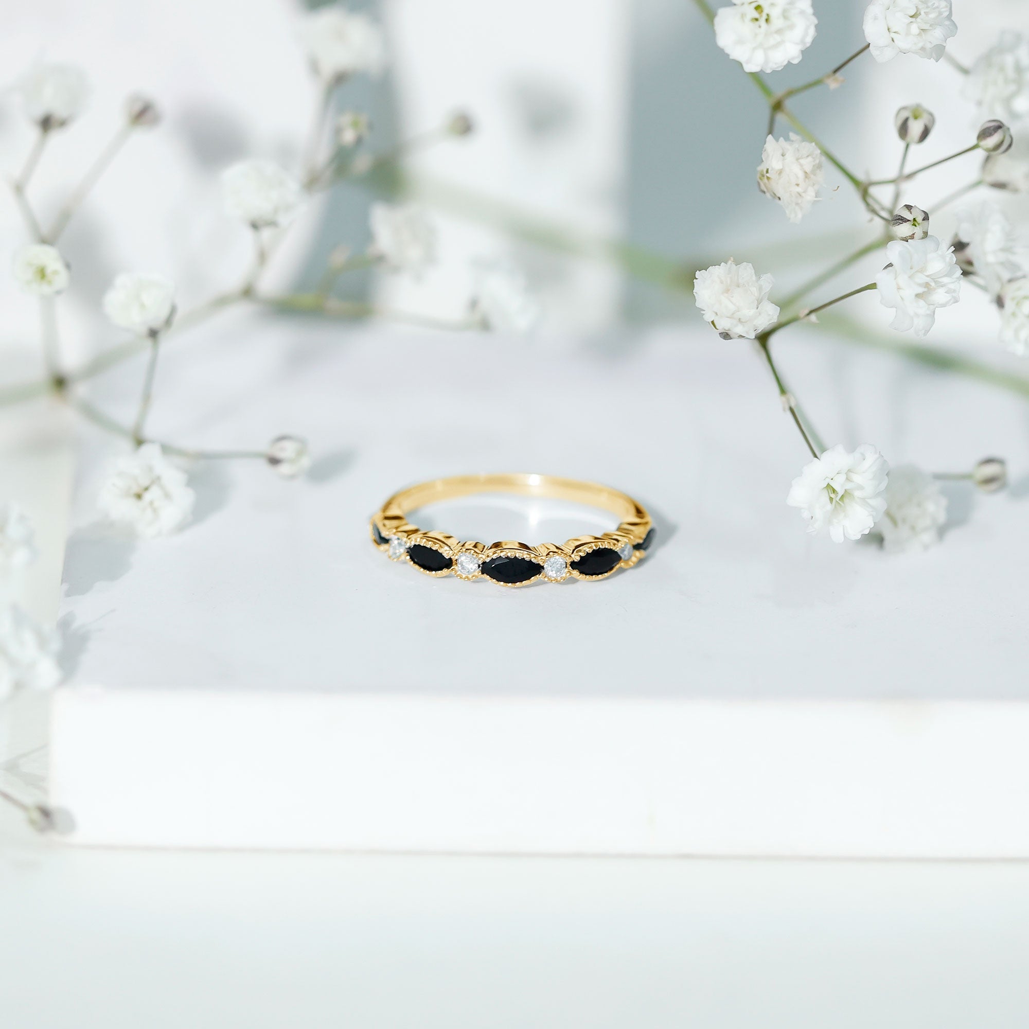 Certified Black Onyx Half Eternity Ring with Moissanite