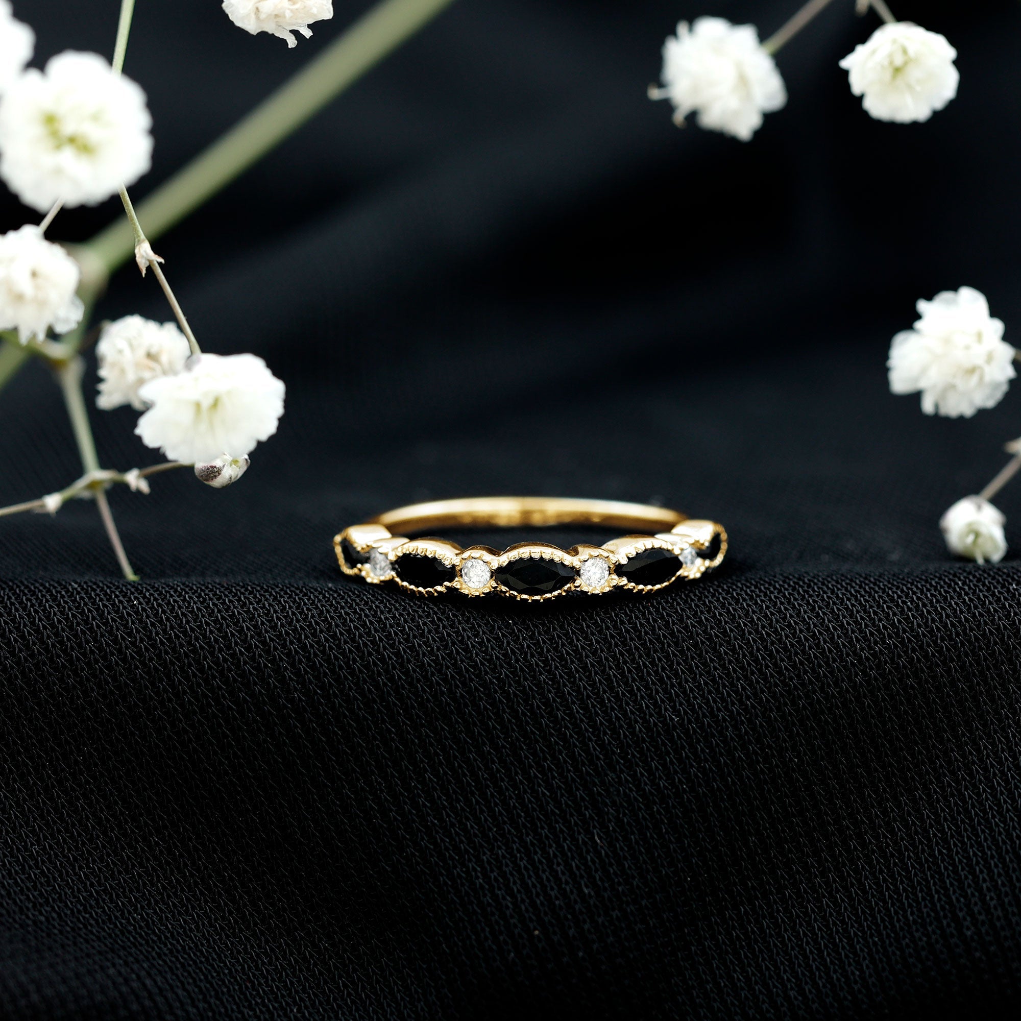 Certified Black Onyx Half Eternity Ring with Moissanite