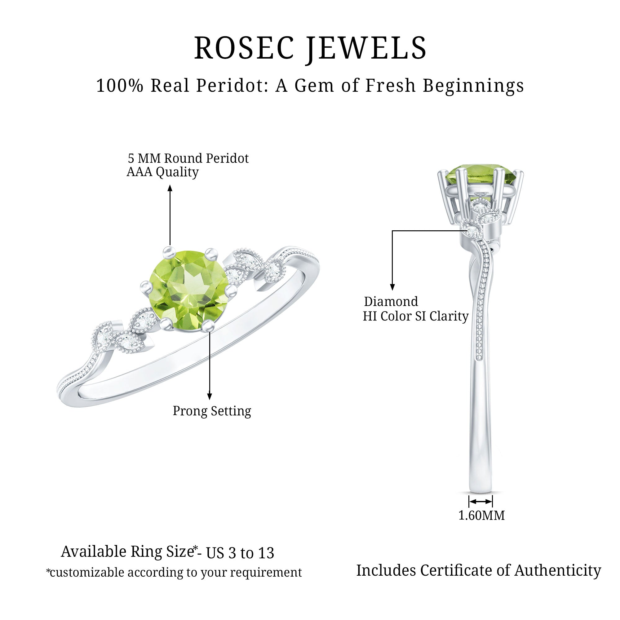Peridot Promise Ring – Vintage Style Band With Diamond Beaded Detailing