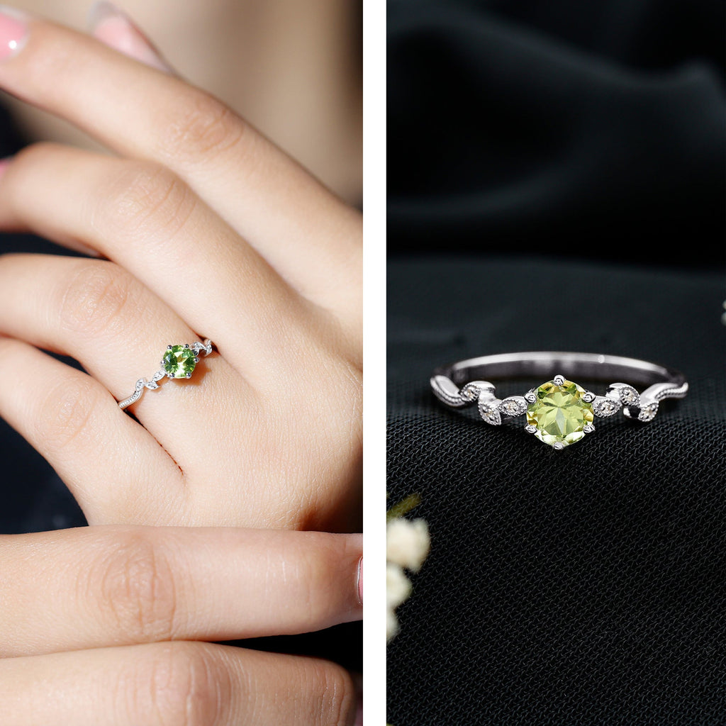 Peridot Promise Ring – Vintage Style Band With Diamond Beaded Detailing