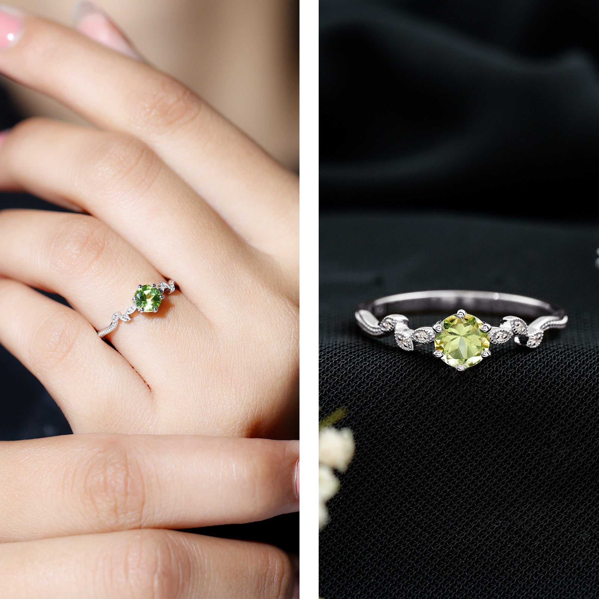 Peridot Promise Ring – Vintage Style Band With Diamond Beaded Detailing