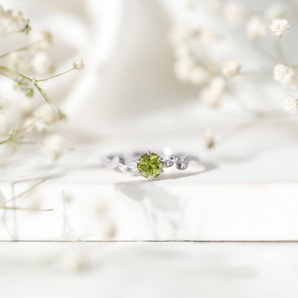 Peridot Promise Ring – Vintage Style Band With Diamond Beaded Detailing