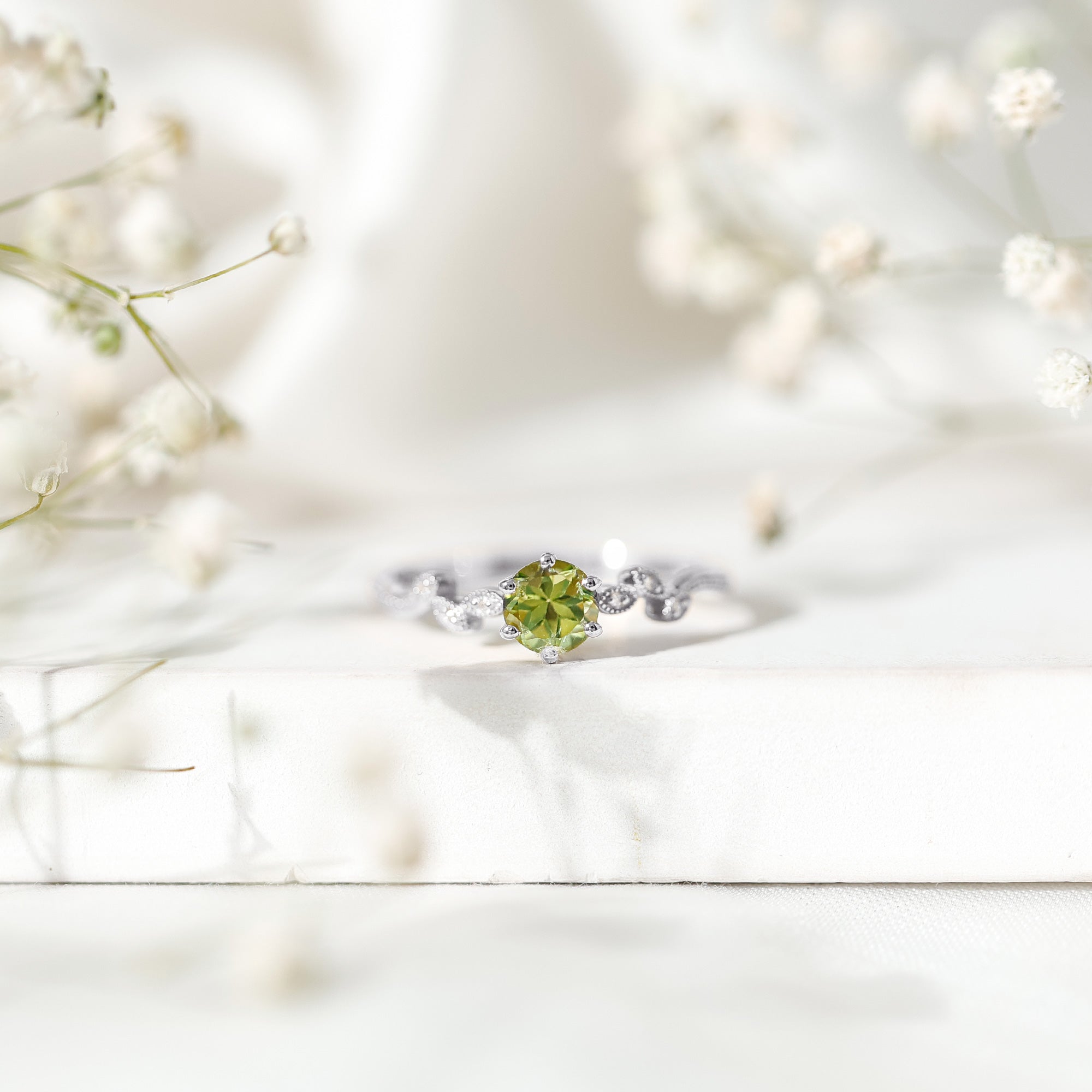Peridot Promise Ring – Vintage Style Band With Diamond Beaded Detailing