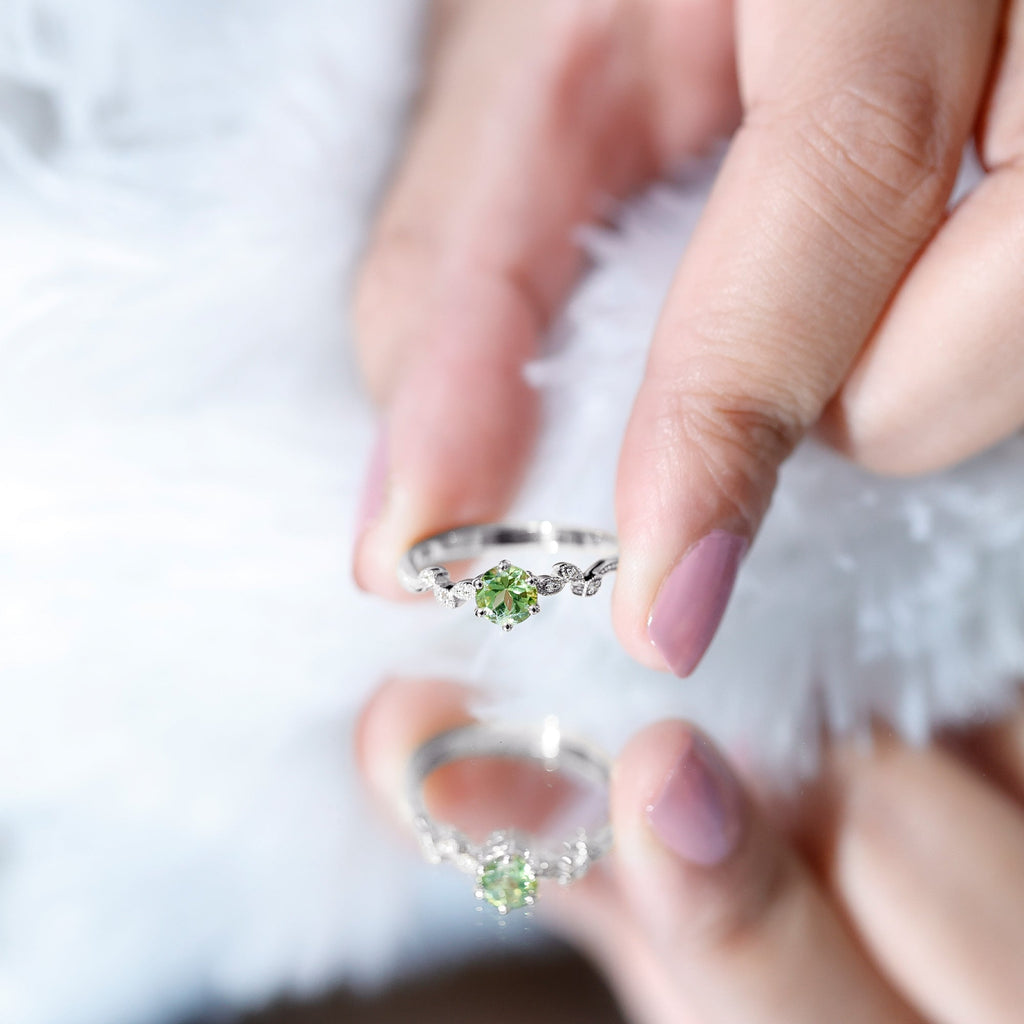 Peridot Promise Ring – Vintage Style Band With Diamond Beaded Detailing