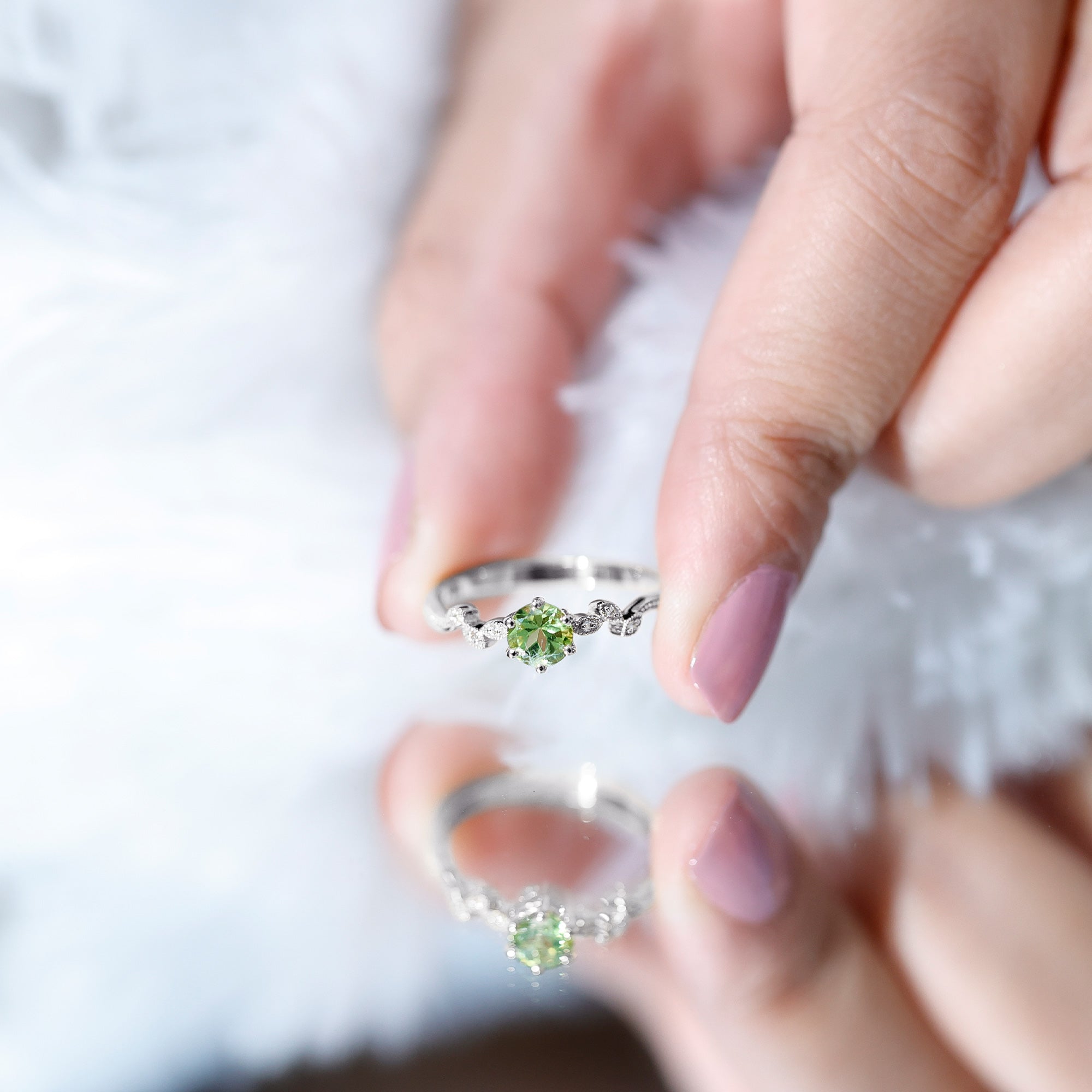 Peridot Promise Ring – Vintage Style Band With Diamond Beaded Detailing