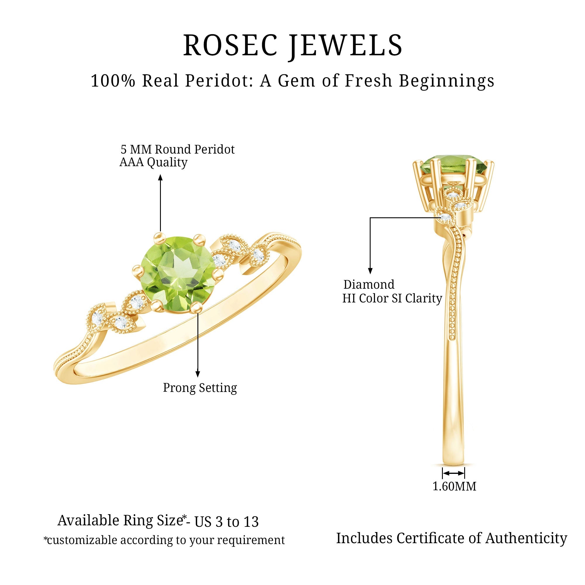 Peridot Promise Ring – Vintage Style Band With Diamond Beaded Detailing