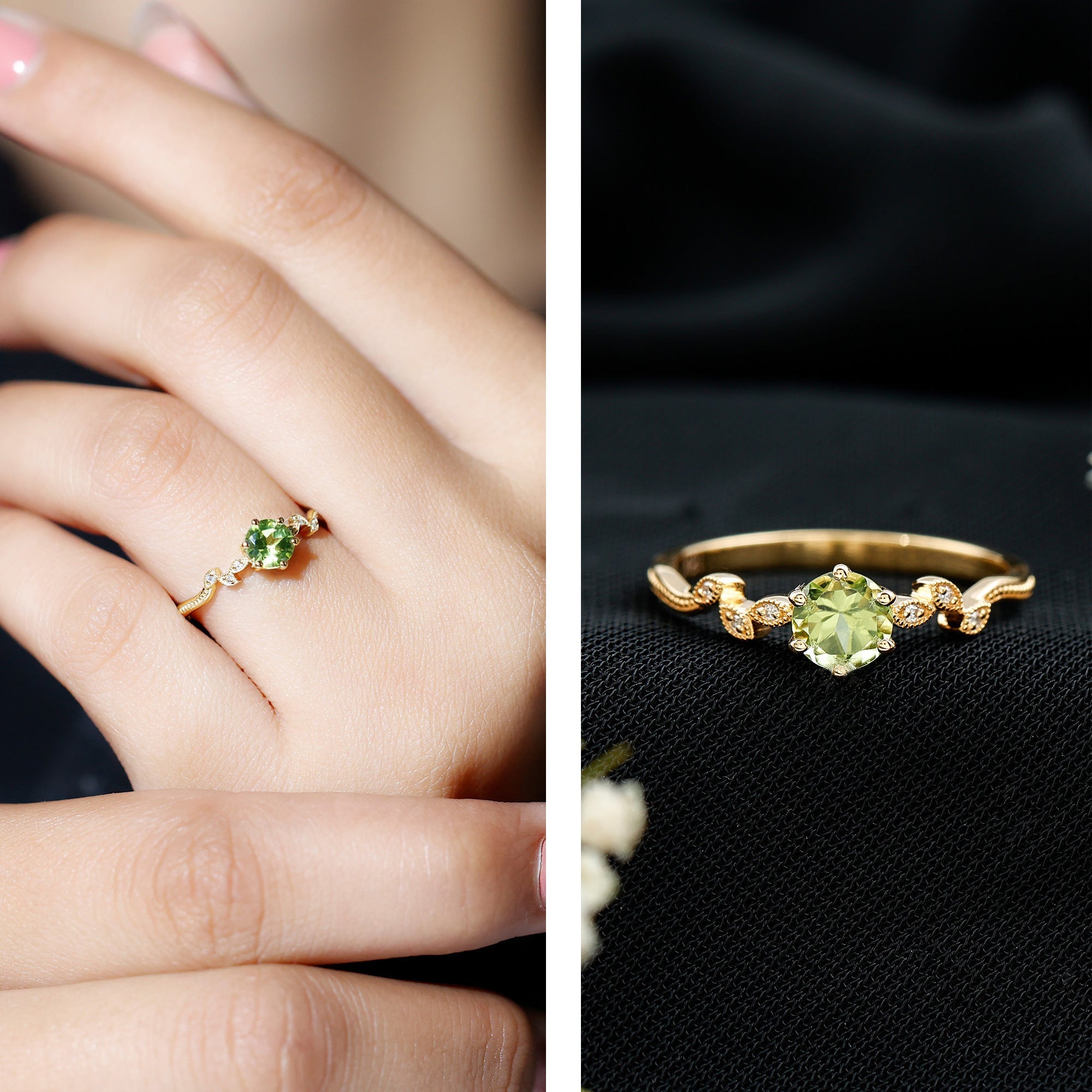 Peridot Promise Ring – Vintage Style Band With Diamond Beaded Detailing