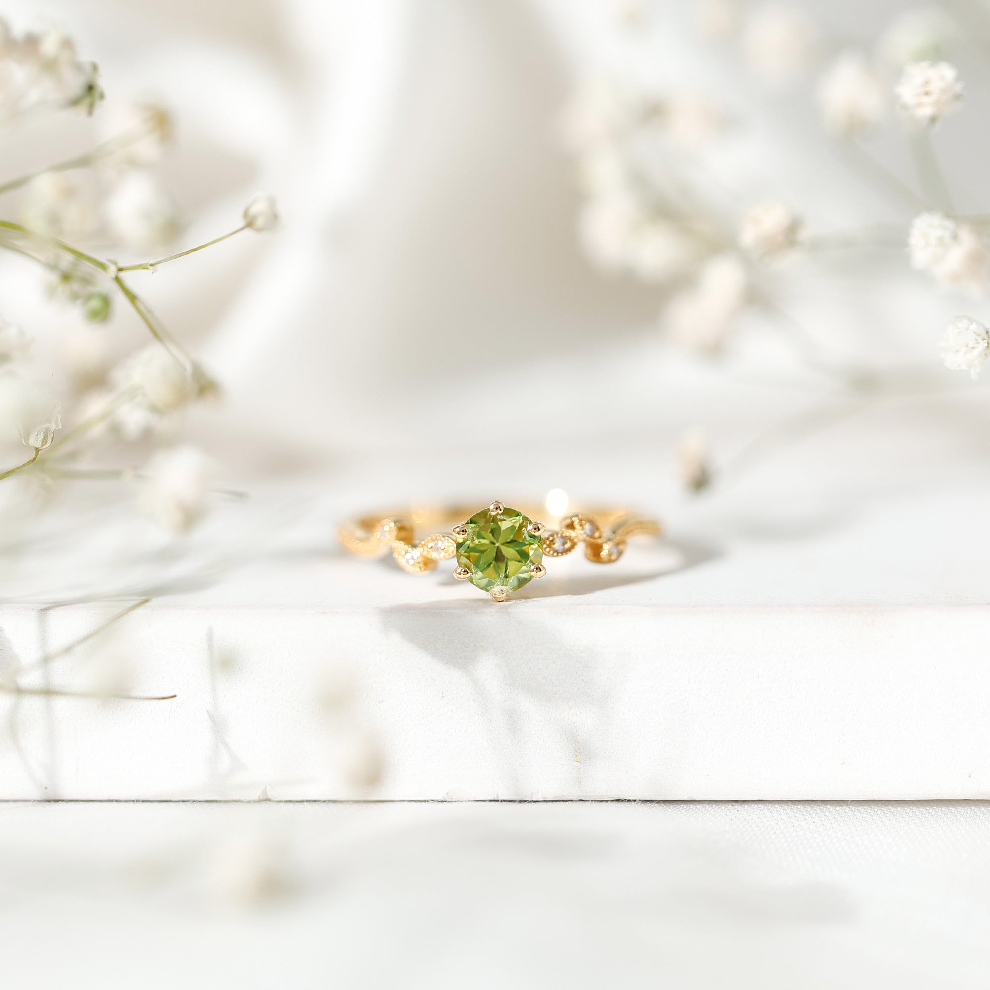 Peridot Promise Ring – Vintage Style Band With Diamond Beaded Detailing