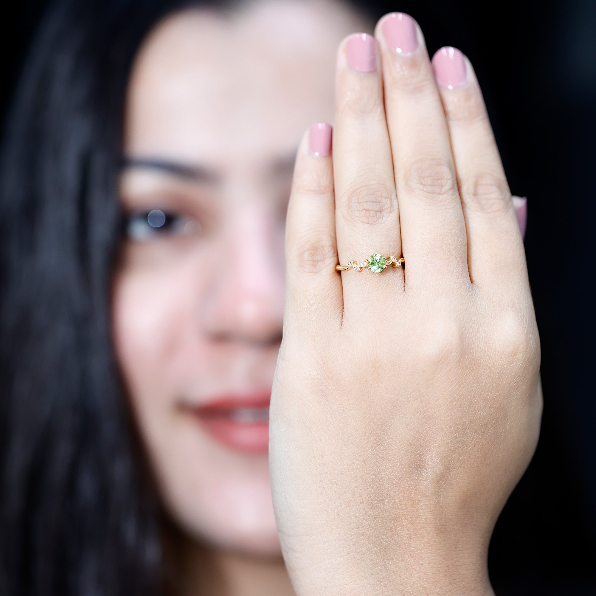 Peridot Promise Ring – Vintage Style Band With Diamond Beaded Detailing