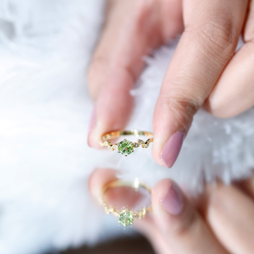 Peridot Promise Ring – Vintage Style Band With Diamond Beaded Detailing