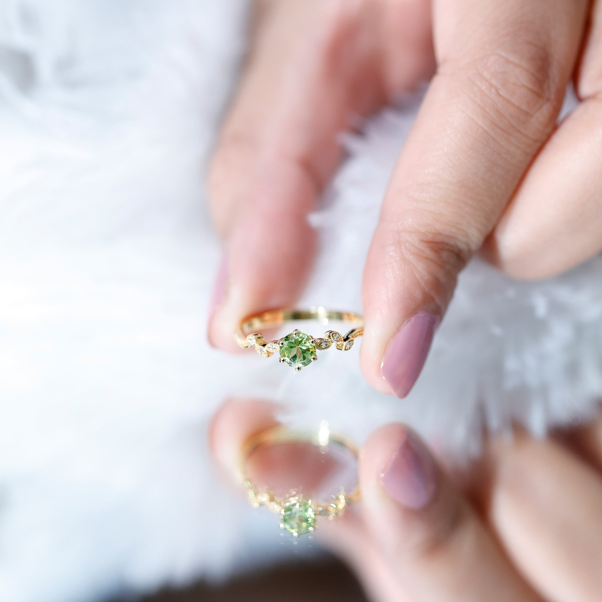 Peridot Promise Ring – Vintage Style Band With Diamond Beaded Detailing